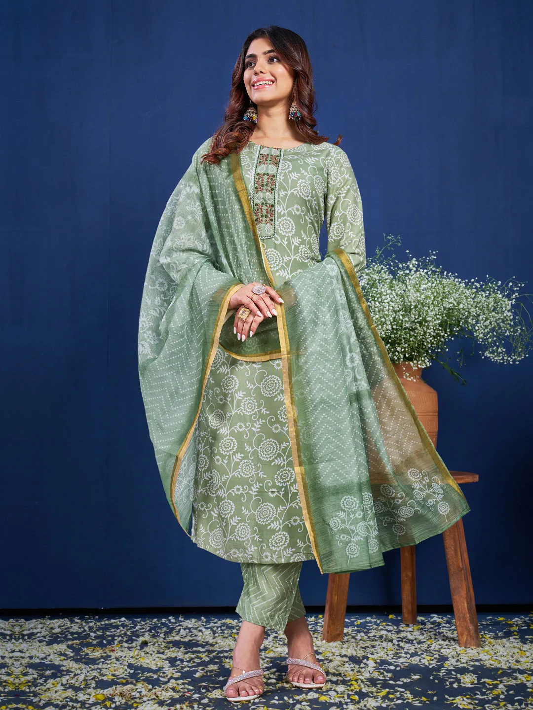 Pista Rayon Print with Embroidery & Fancy Lace Work Kurti Set