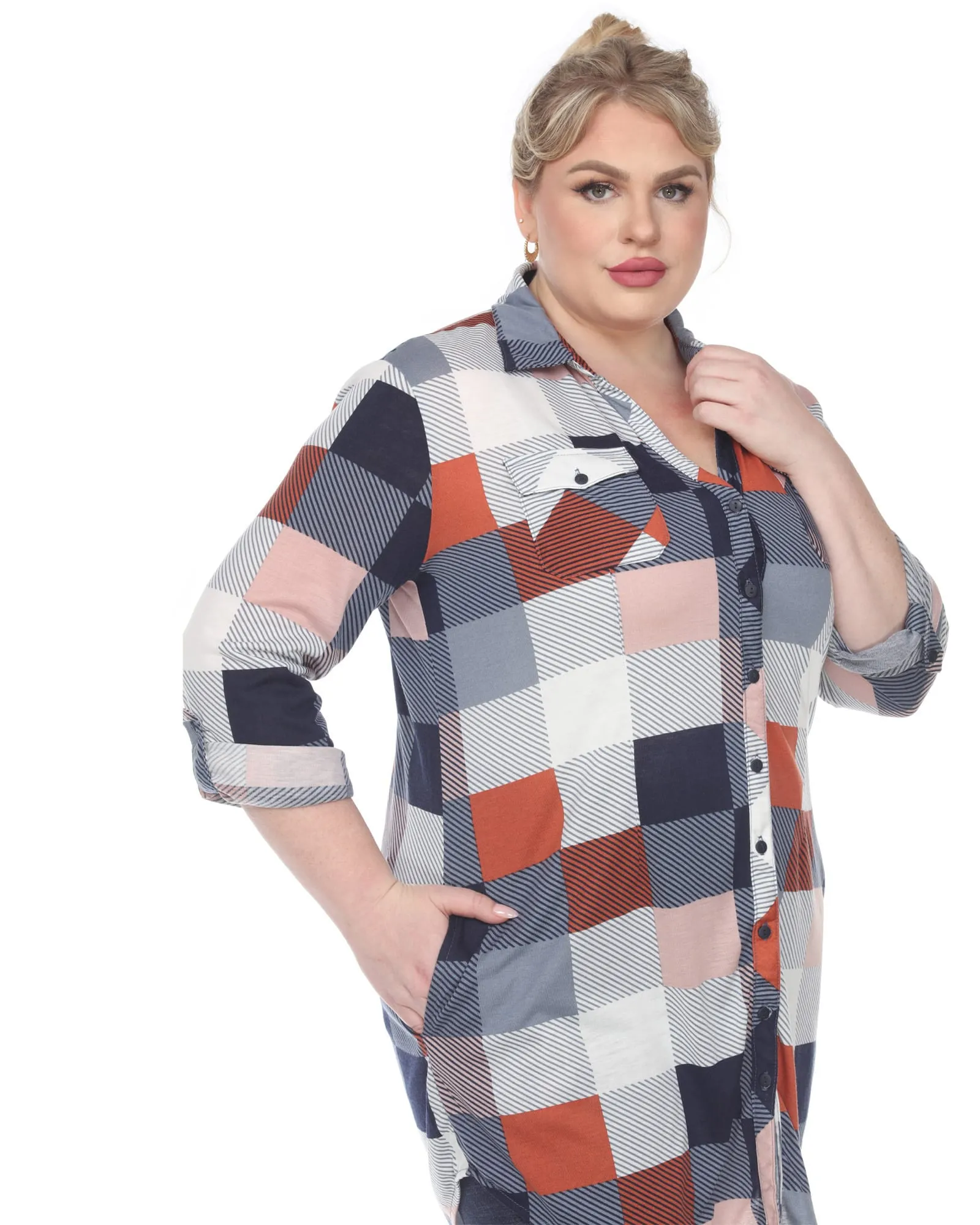 Plaid Button Down Tunic Shirt | Blue Brown