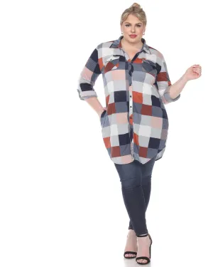 Plaid Button Down Tunic Shirt | Blue Brown