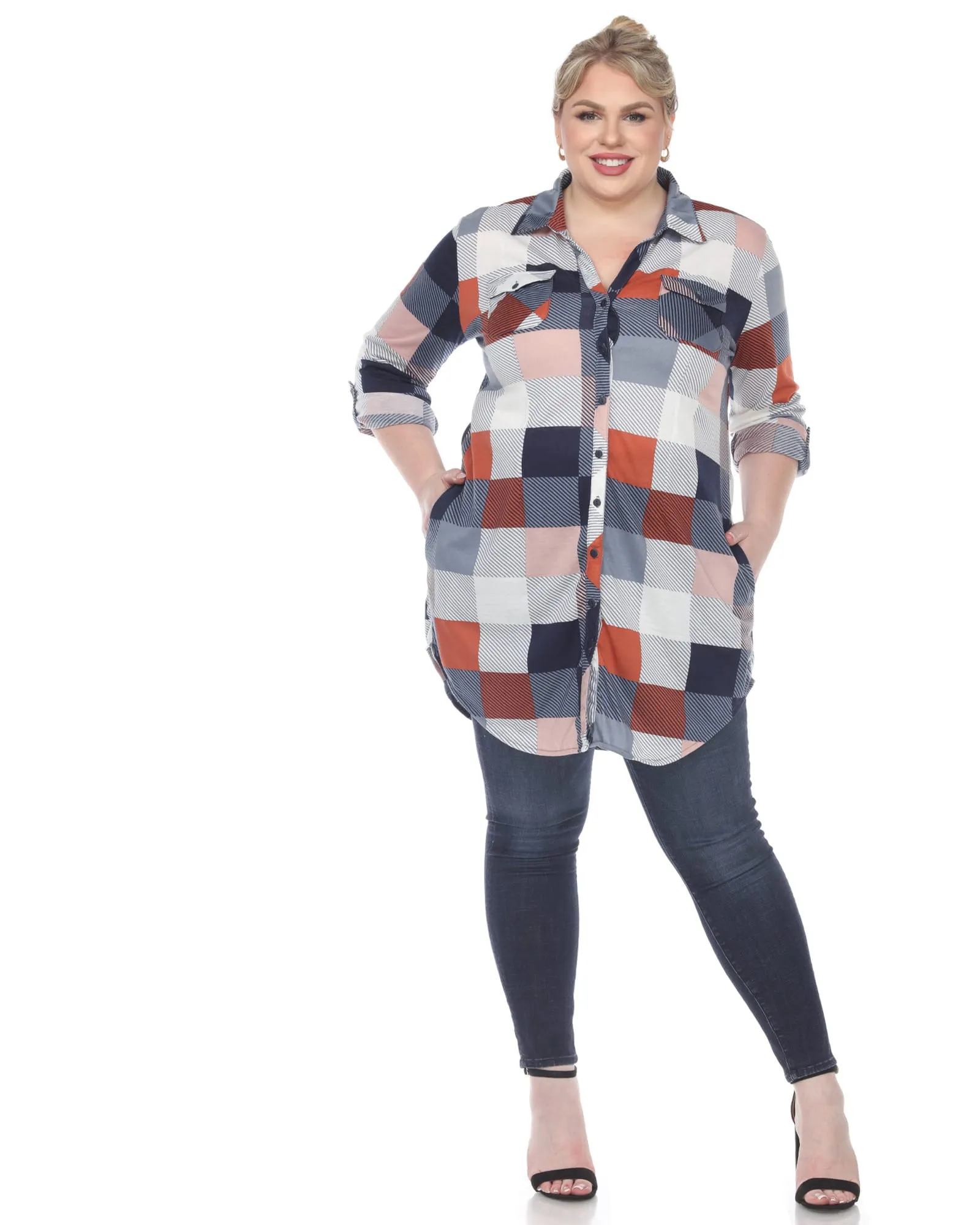 Plaid Button Down Tunic Shirt | Blue Brown
