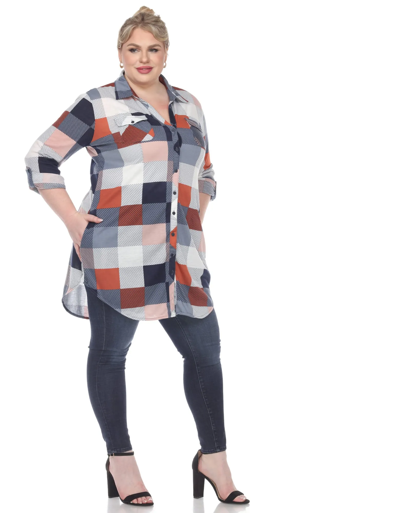 Plaid Button Down Tunic Shirt | Blue Brown