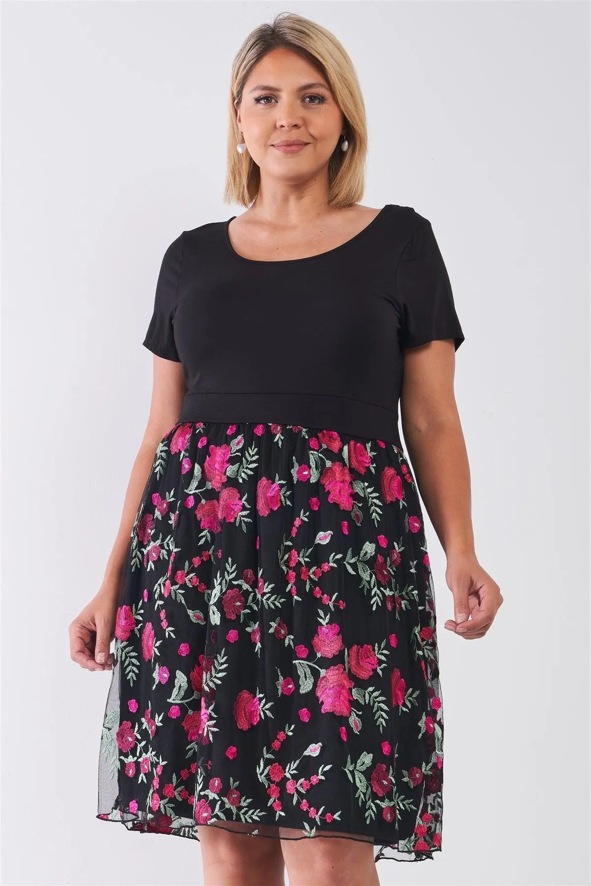 Plus Size Black Tulle Floral Print Mini Dress