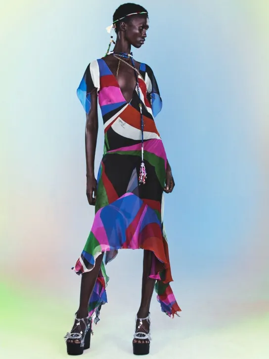 Pucci   Crepe Goccia print ruffle midi dress 