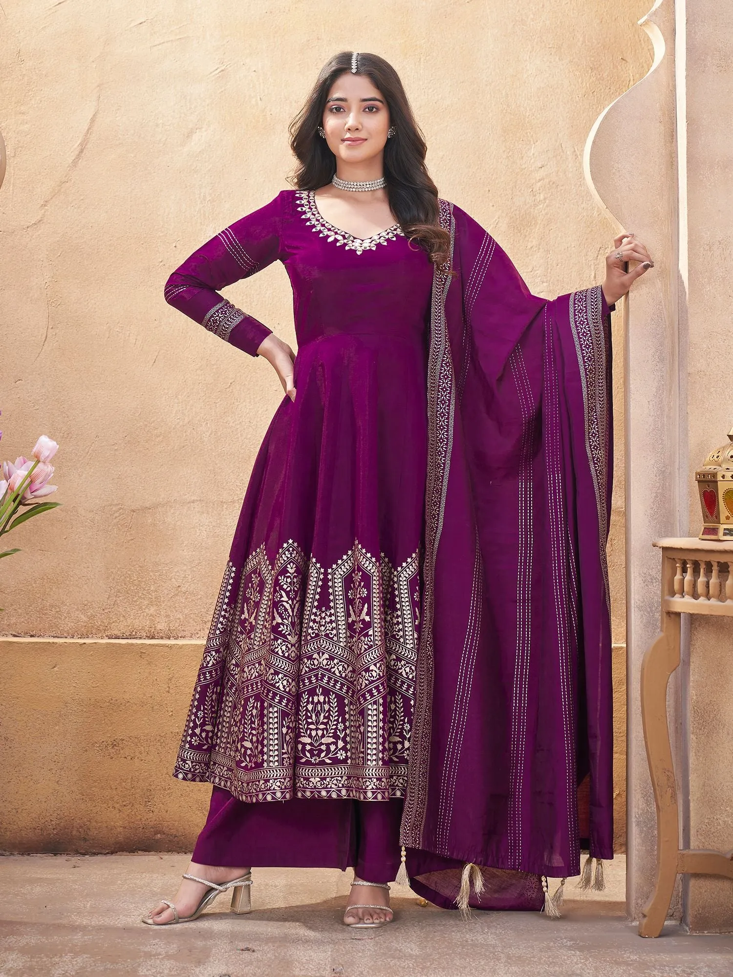 Purple Colour Pure Roman Silk Readymade Salwar Suit With Foil Print, Mirror And Thread Work Anarkali Salwar Suit