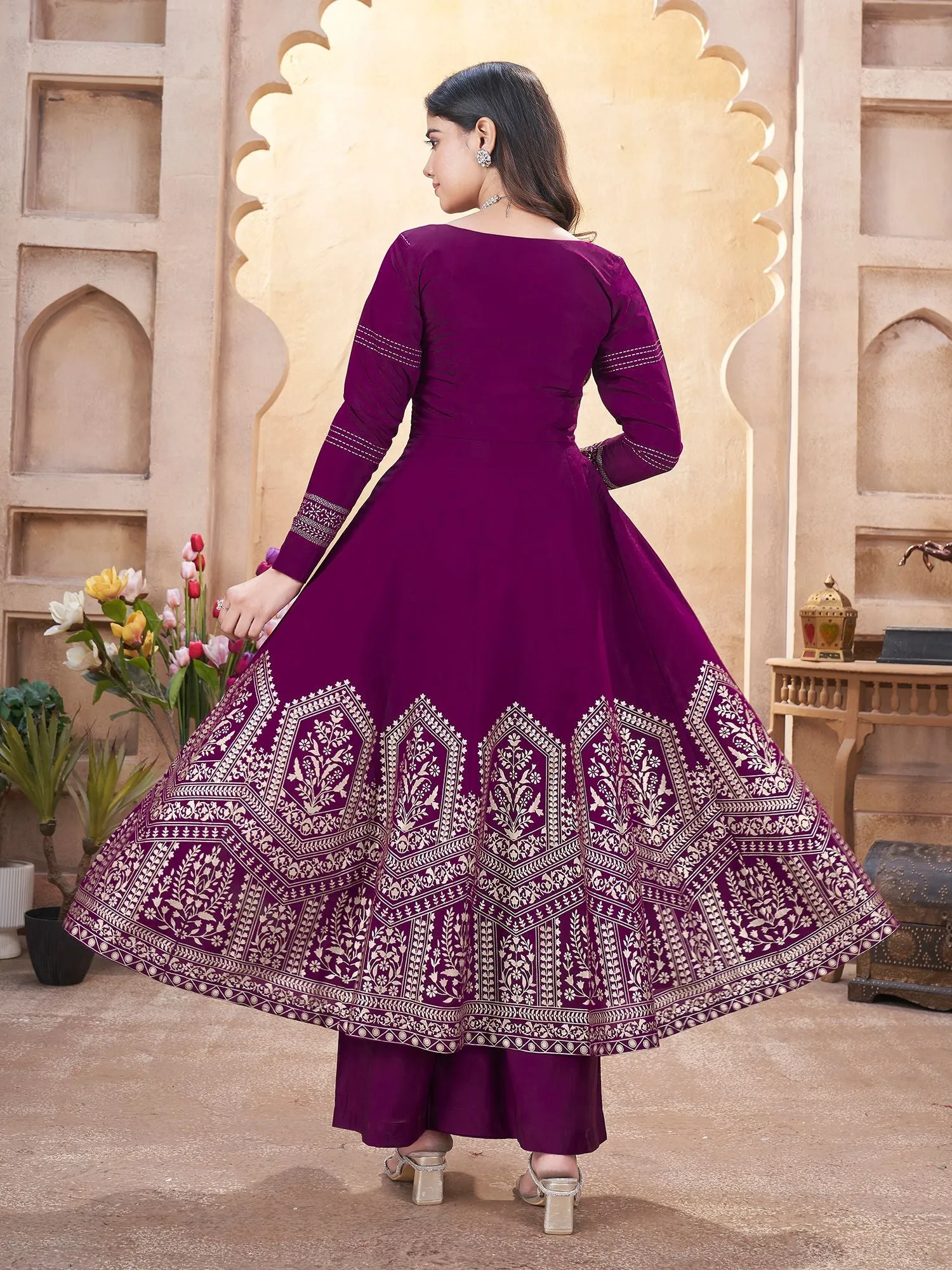 Purple Colour Pure Roman Silk Readymade Salwar Suit With Foil Print, Mirror And Thread Work Anarkali Salwar Suit