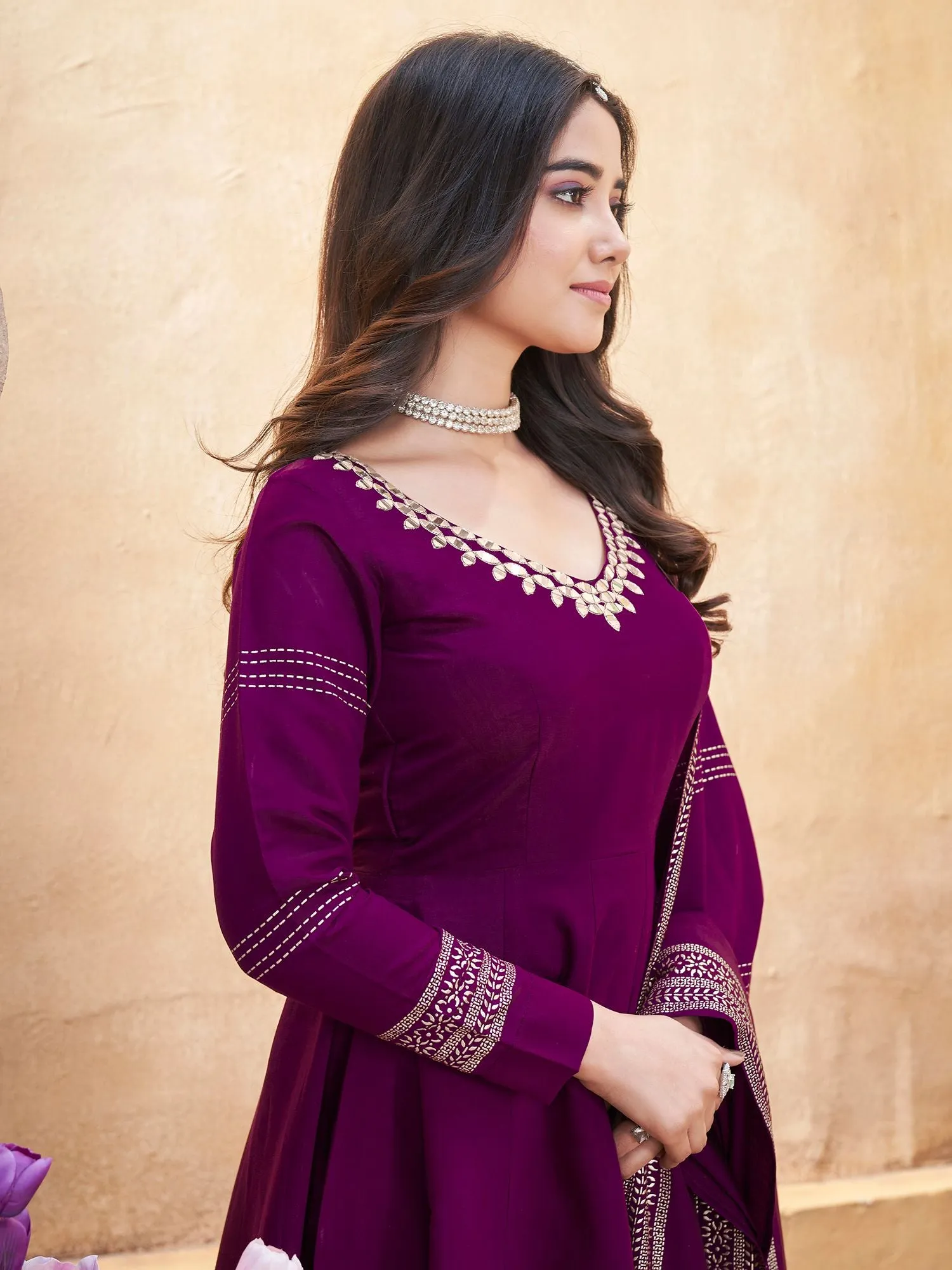 Purple Colour Pure Roman Silk Readymade Salwar Suit With Foil Print, Mirror And Thread Work Anarkali Salwar Suit