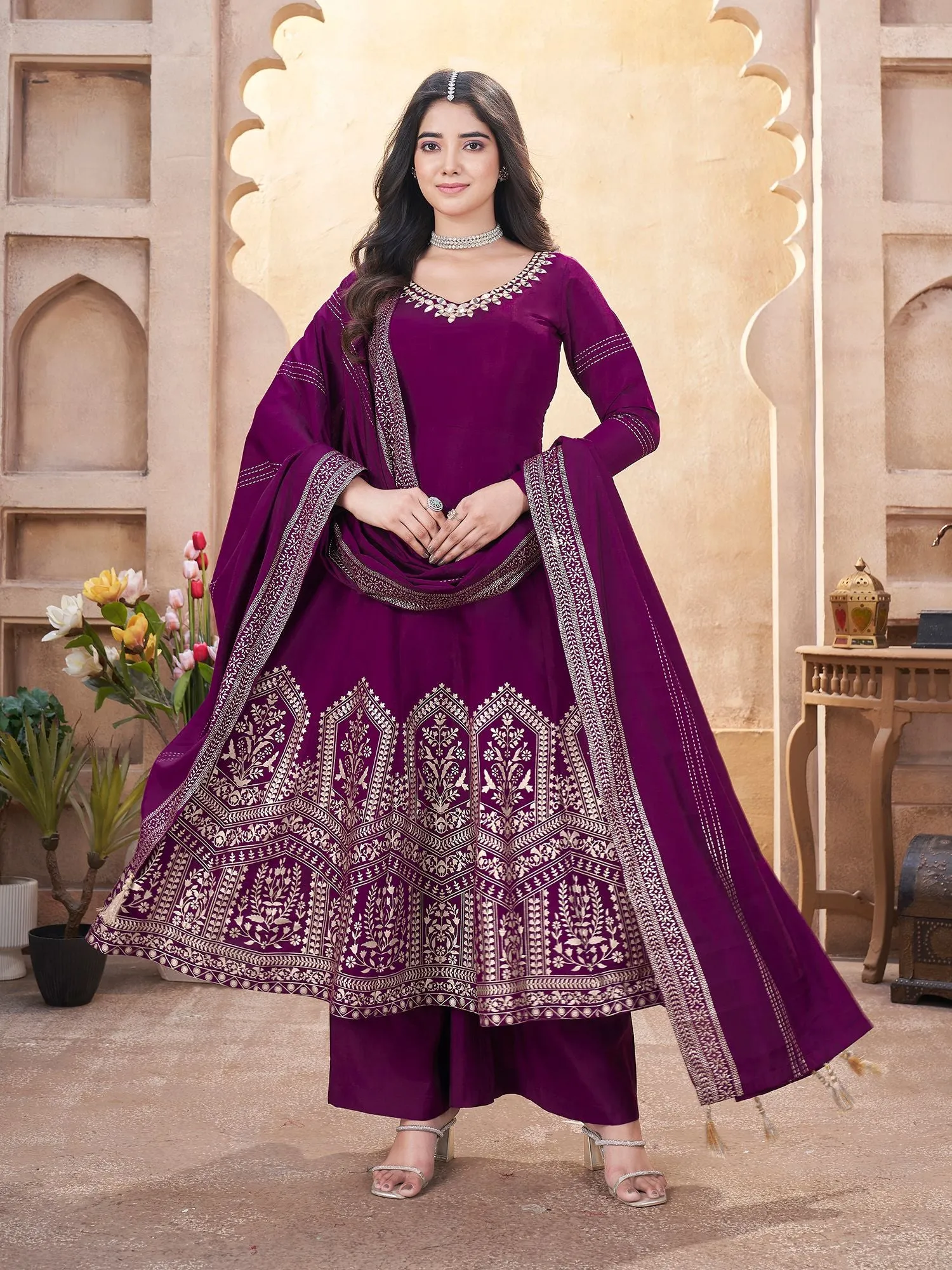 Purple Colour Pure Roman Silk Readymade Salwar Suit With Foil Print, Mirror And Thread Work Anarkali Salwar Suit