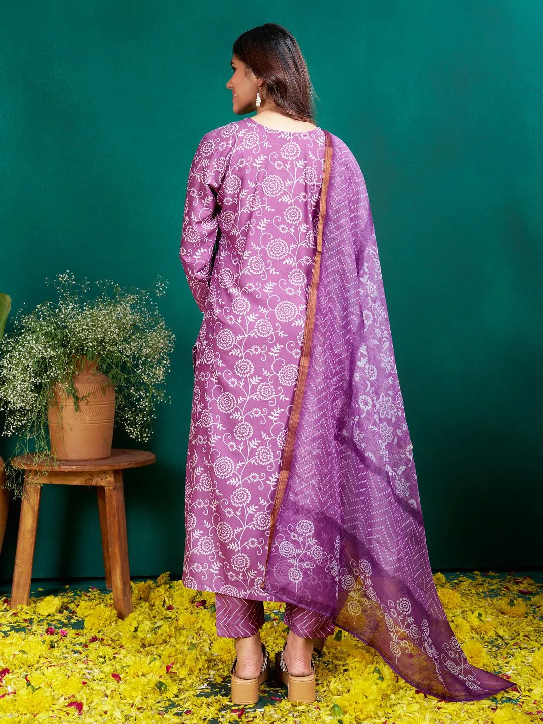 Purple Rayon Print with Embroidery & Fancy Lace Work Kurti Set