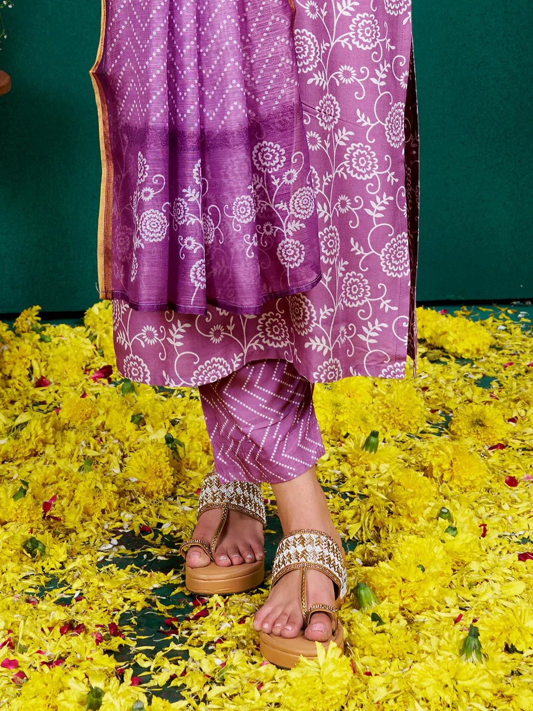 Purple Rayon Print with Embroidery & Fancy Lace Work Kurti Set