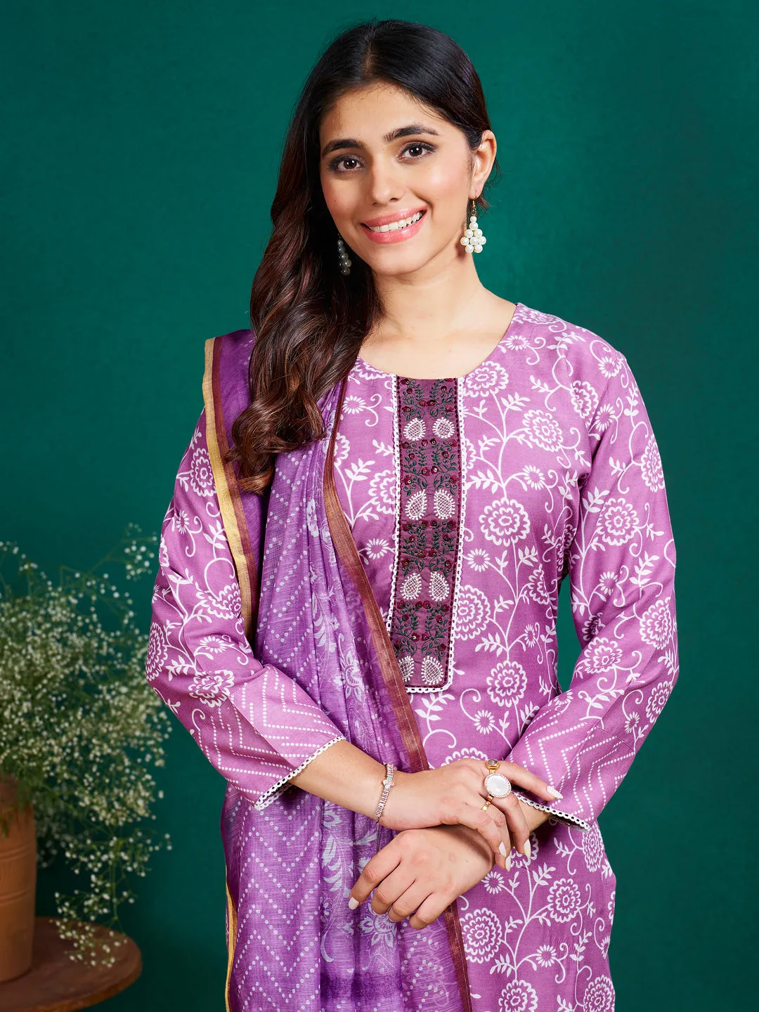 Purple Rayon Print with Embroidery & Fancy Lace Work Kurti Set