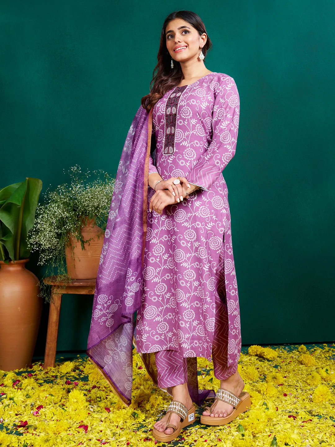 Purple Rayon Print with Embroidery & Fancy Lace Work Kurti Set
