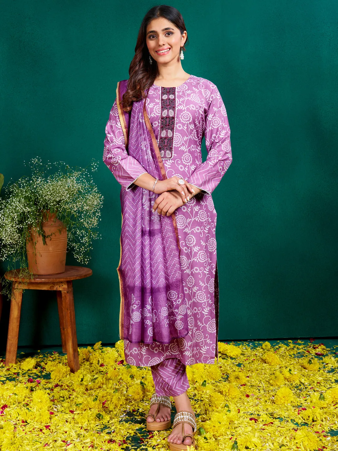 Purple Rayon Print with Embroidery & Fancy Lace Work Kurti Set