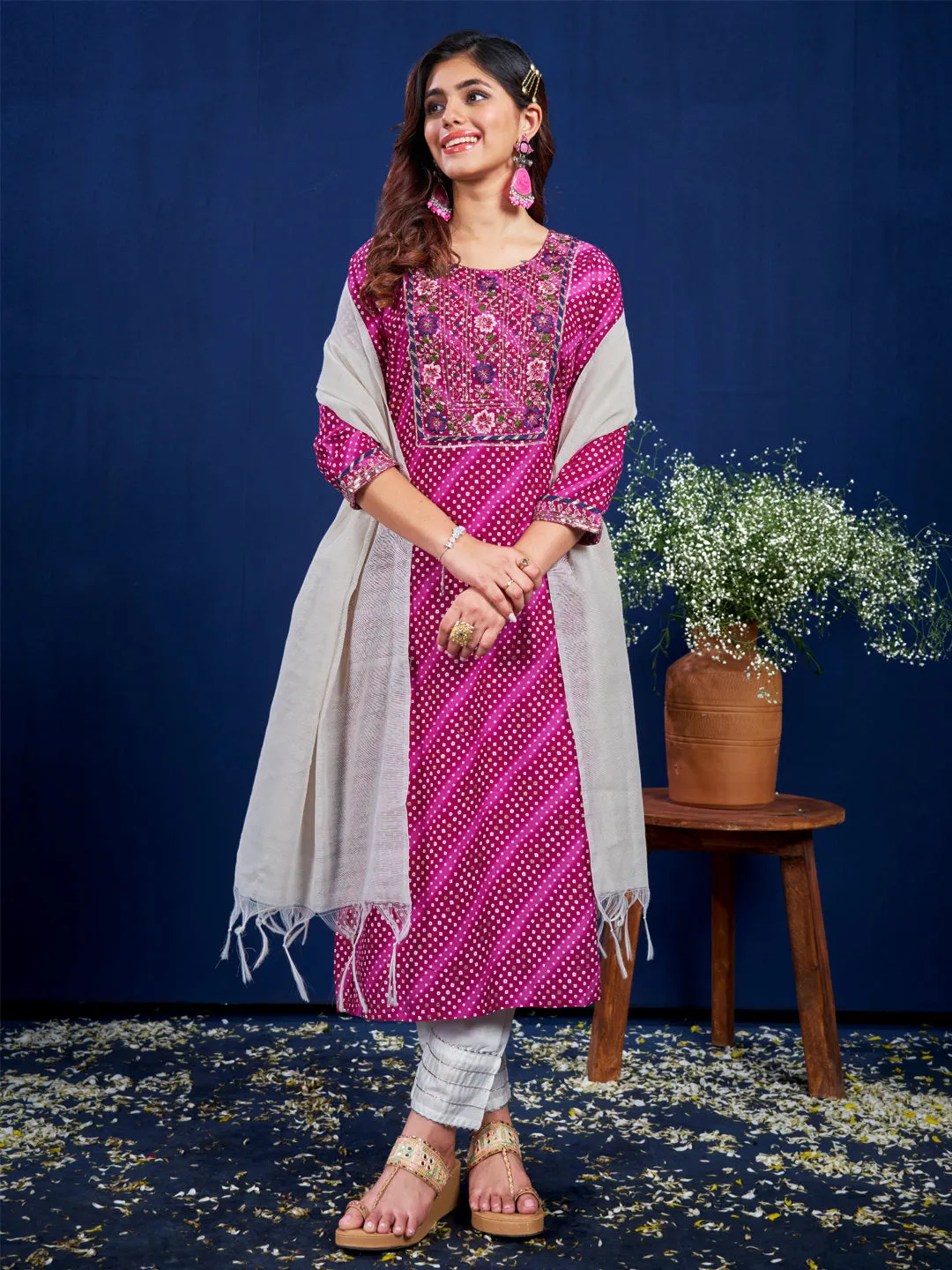 Purple Rayon Print with Embroidery & Sequence Work Kurti Set