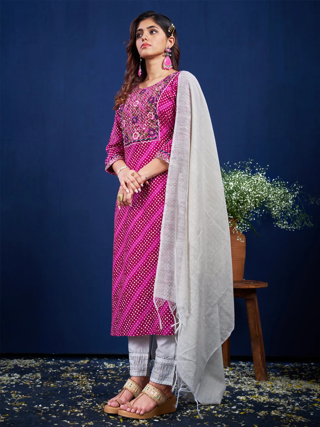 Purple Rayon Print with Embroidery & Sequence Work Kurti Set