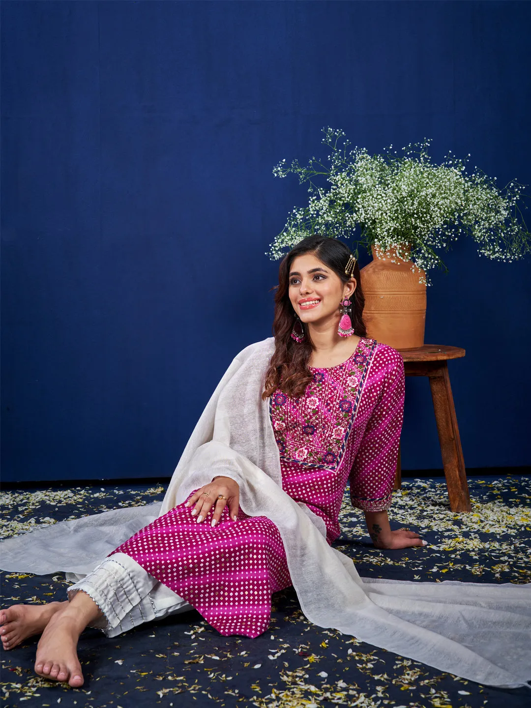 Purple Rayon Print with Embroidery & Sequence Work Kurti Set