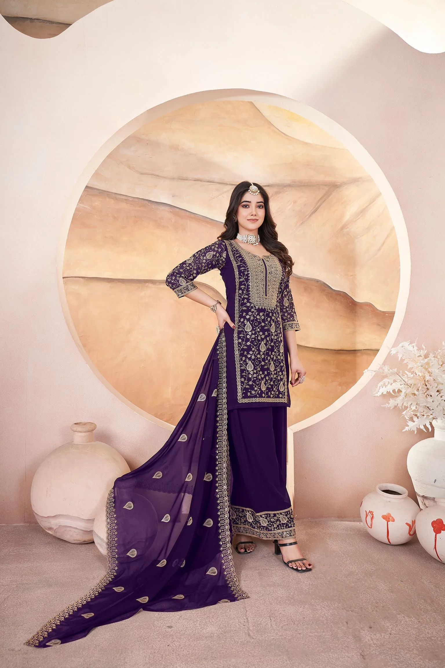 Purple Readymade Pure Georgette Pakistani Sharara With Embroidery Sequence Work Sharara Suit
