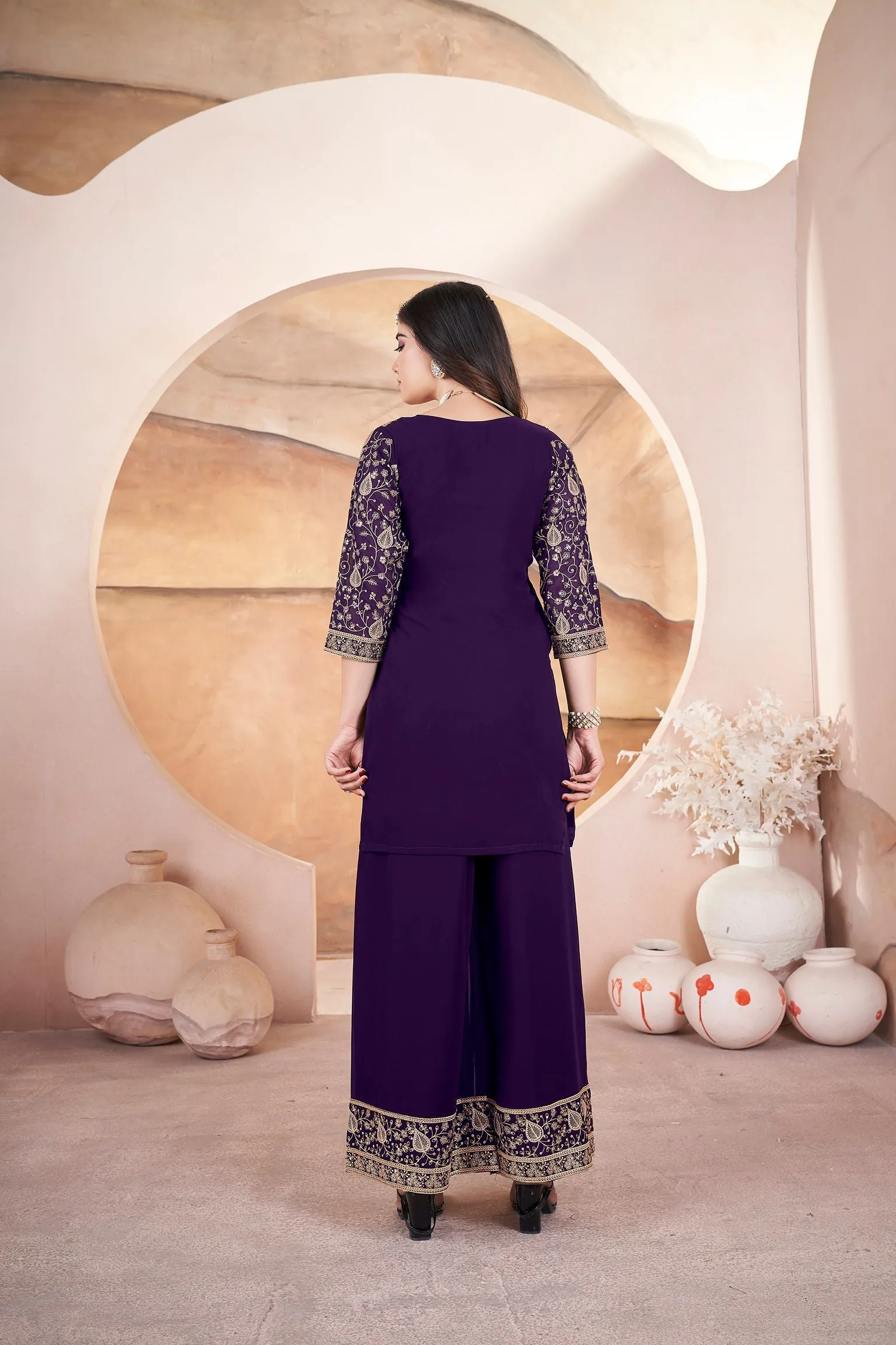 Purple Readymade Pure Georgette Pakistani Sharara With Embroidery Sequence Work Sharara Suit