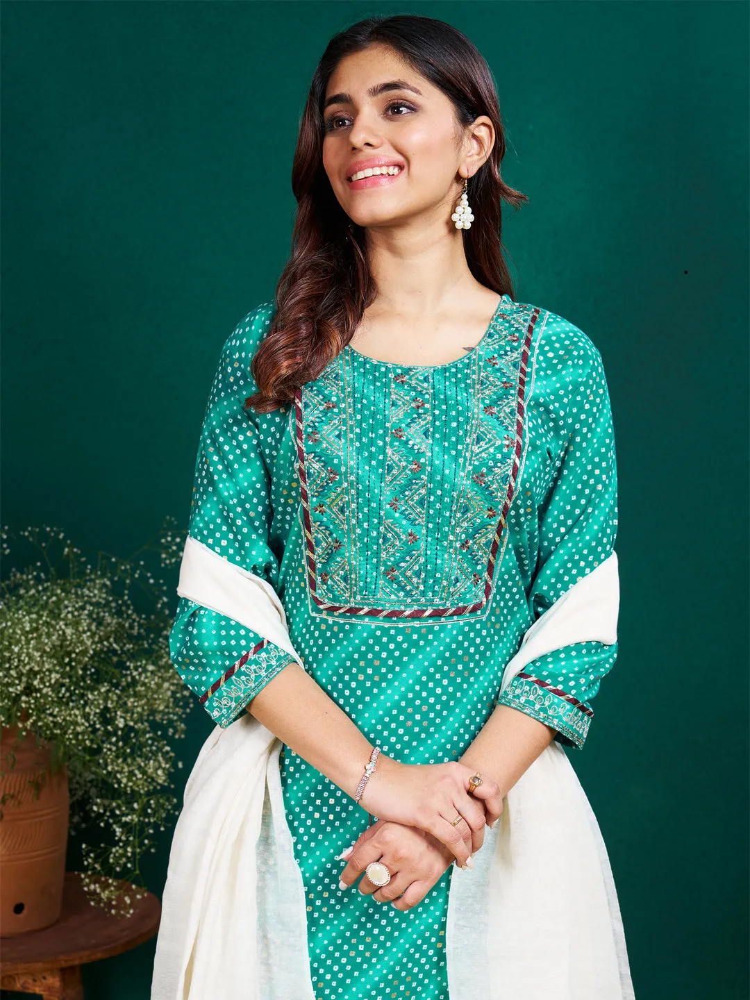 Rama Rayon Print with Embroidery & Sequence Work Kurti Set