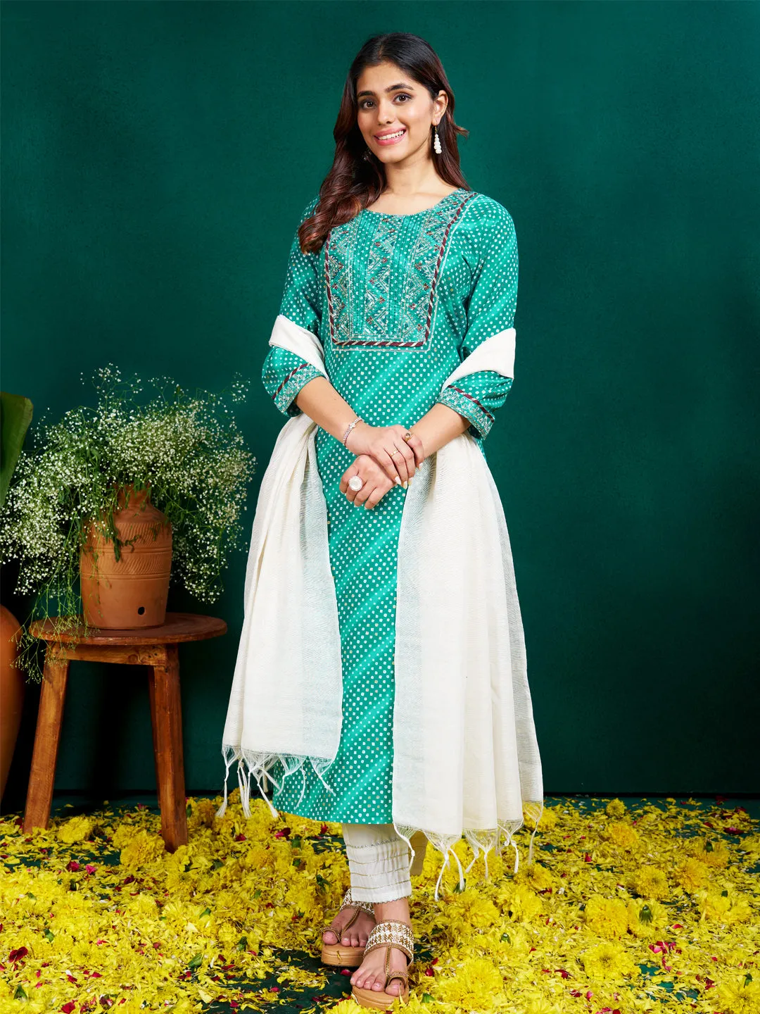 Rama Rayon Print with Embroidery & Sequence Work Kurti Set