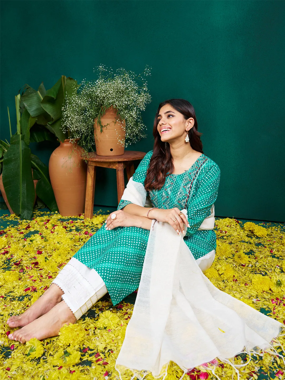 Rama Rayon Print with Embroidery & Sequence Work Kurti Set