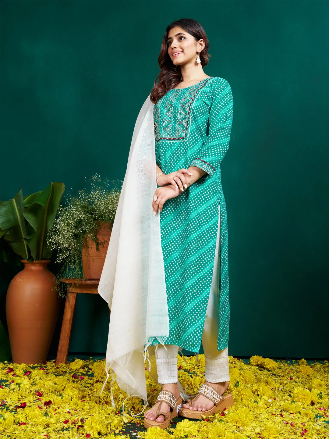 Rama Rayon Print with Embroidery & Sequence Work Kurti Set