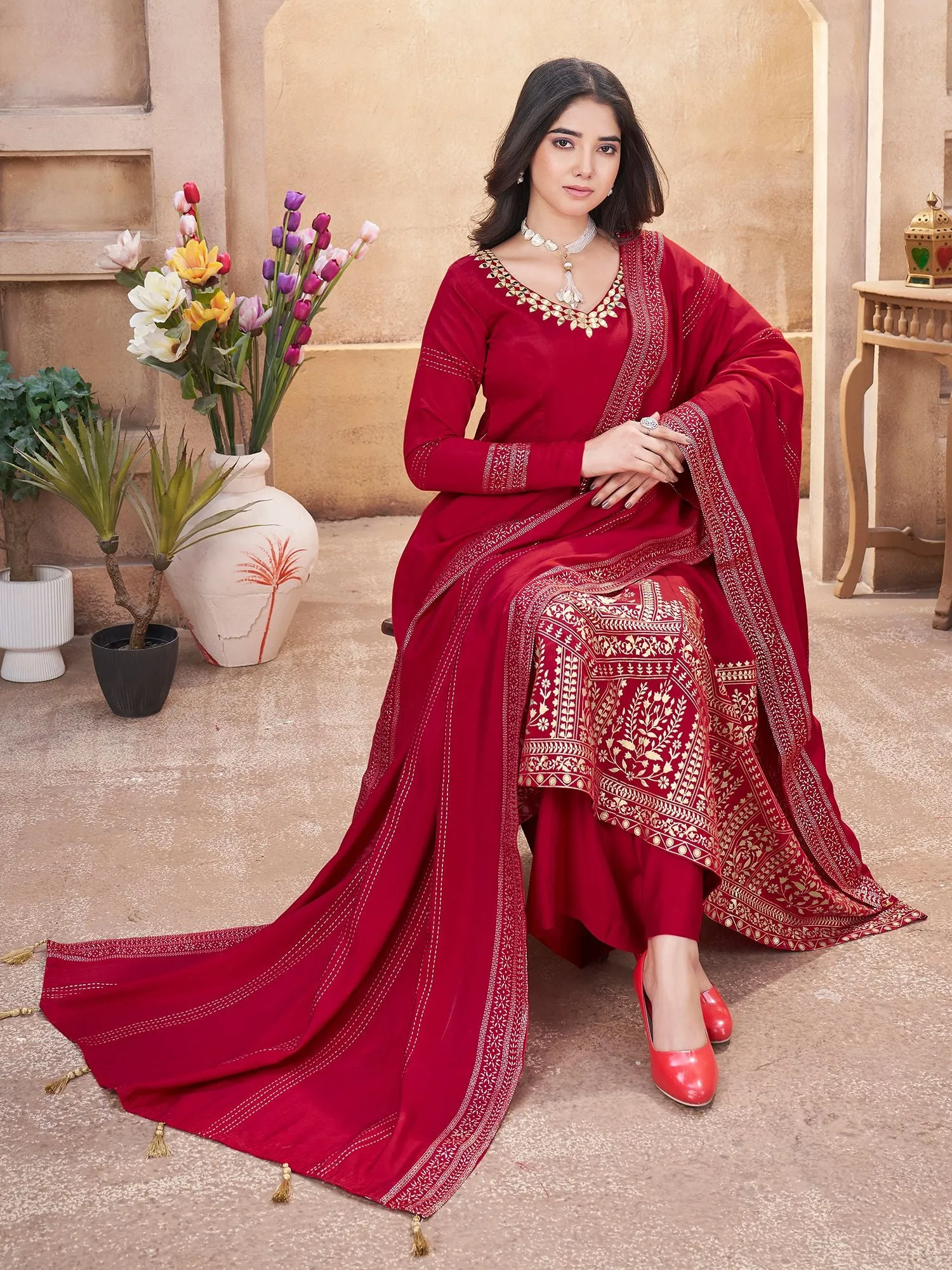 Red Colour Pure Roman Silk Readymade Salwar Suit With Foil Print, Mirror And Thread Work Anarkali Salwar Suit