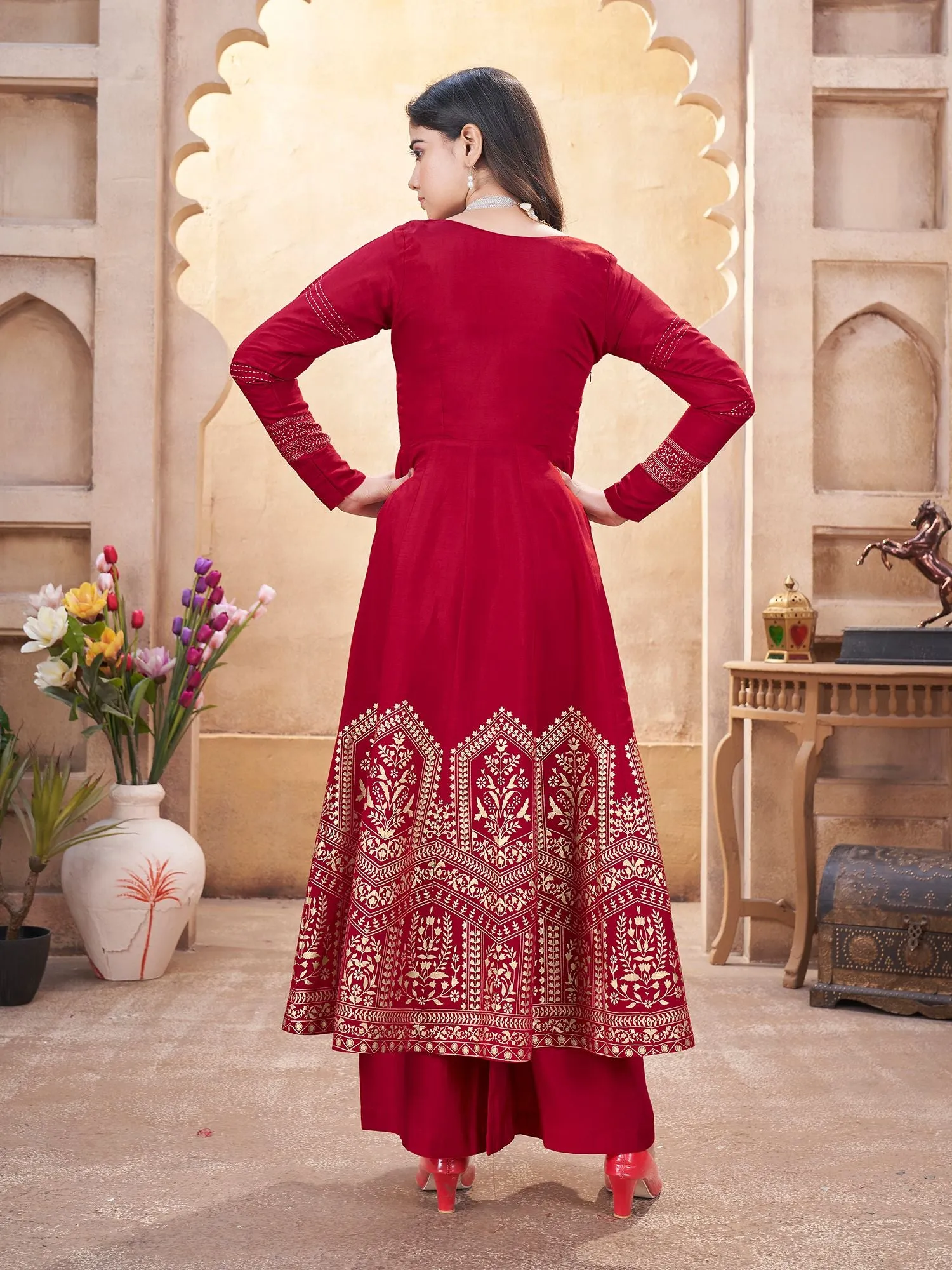 Red Colour Pure Roman Silk Readymade Salwar Suit With Foil Print, Mirror And Thread Work Anarkali Salwar Suit