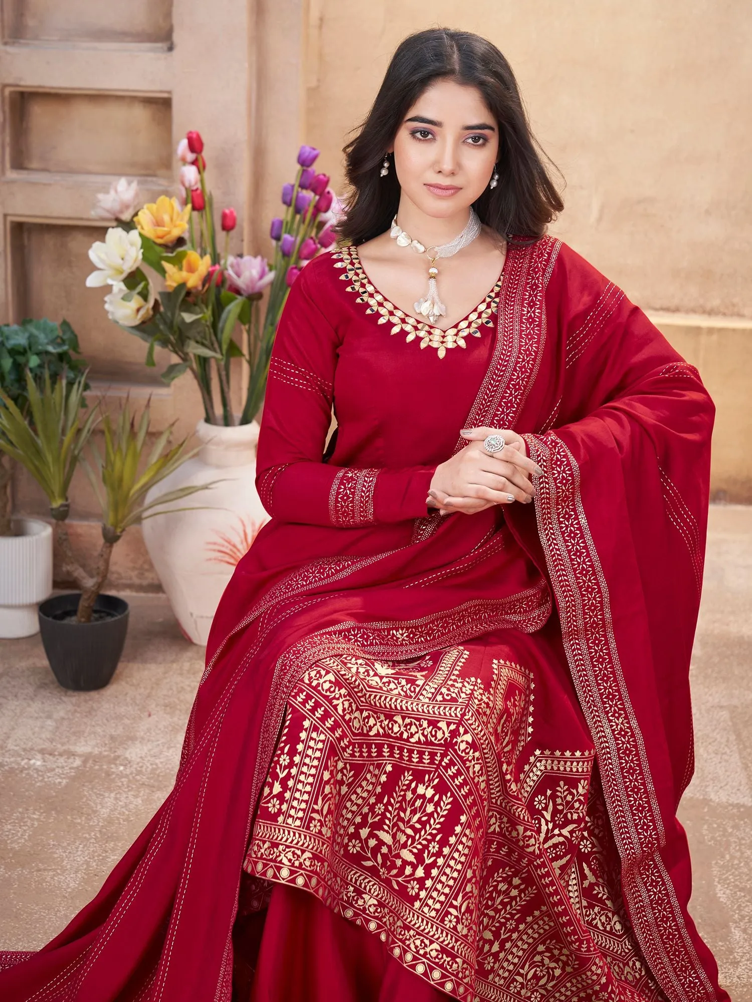 Red Colour Pure Roman Silk Readymade Salwar Suit With Foil Print, Mirror And Thread Work Anarkali Salwar Suit