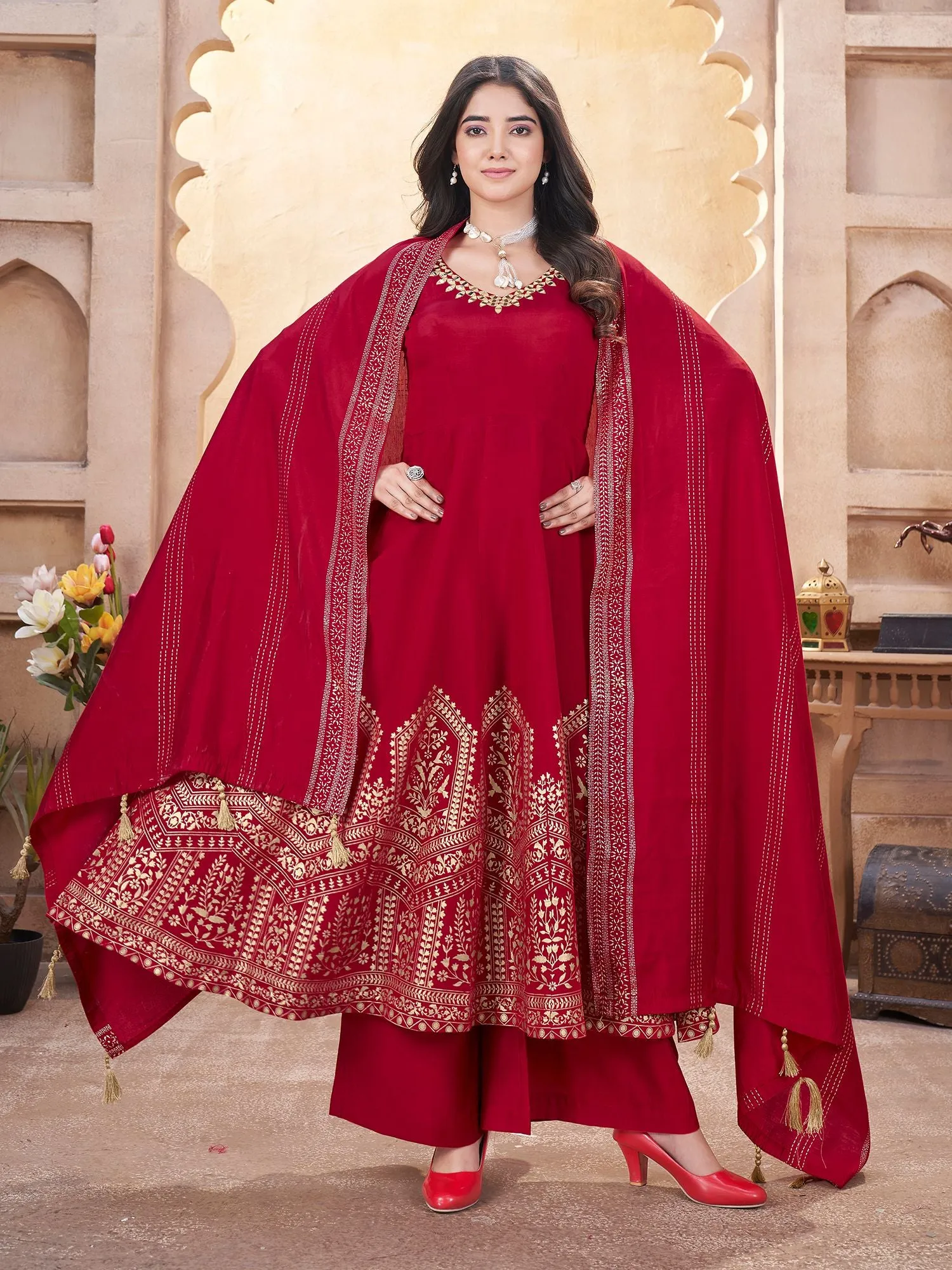 Red Colour Pure Roman Silk Readymade Salwar Suit With Foil Print, Mirror And Thread Work Anarkali Salwar Suit