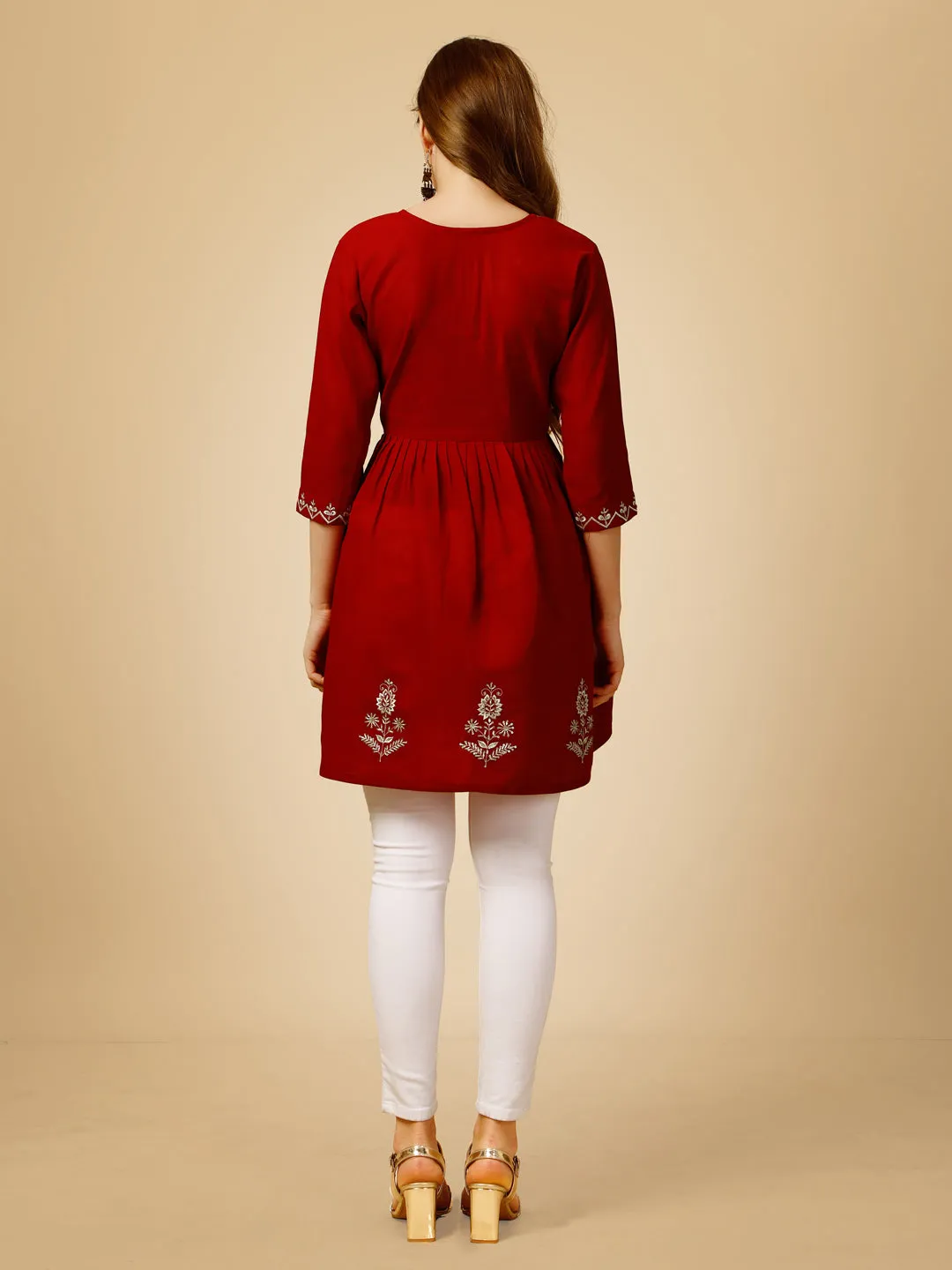 Red Heavy Rayon with Embroidery & Sequence Work Western Top Kurti