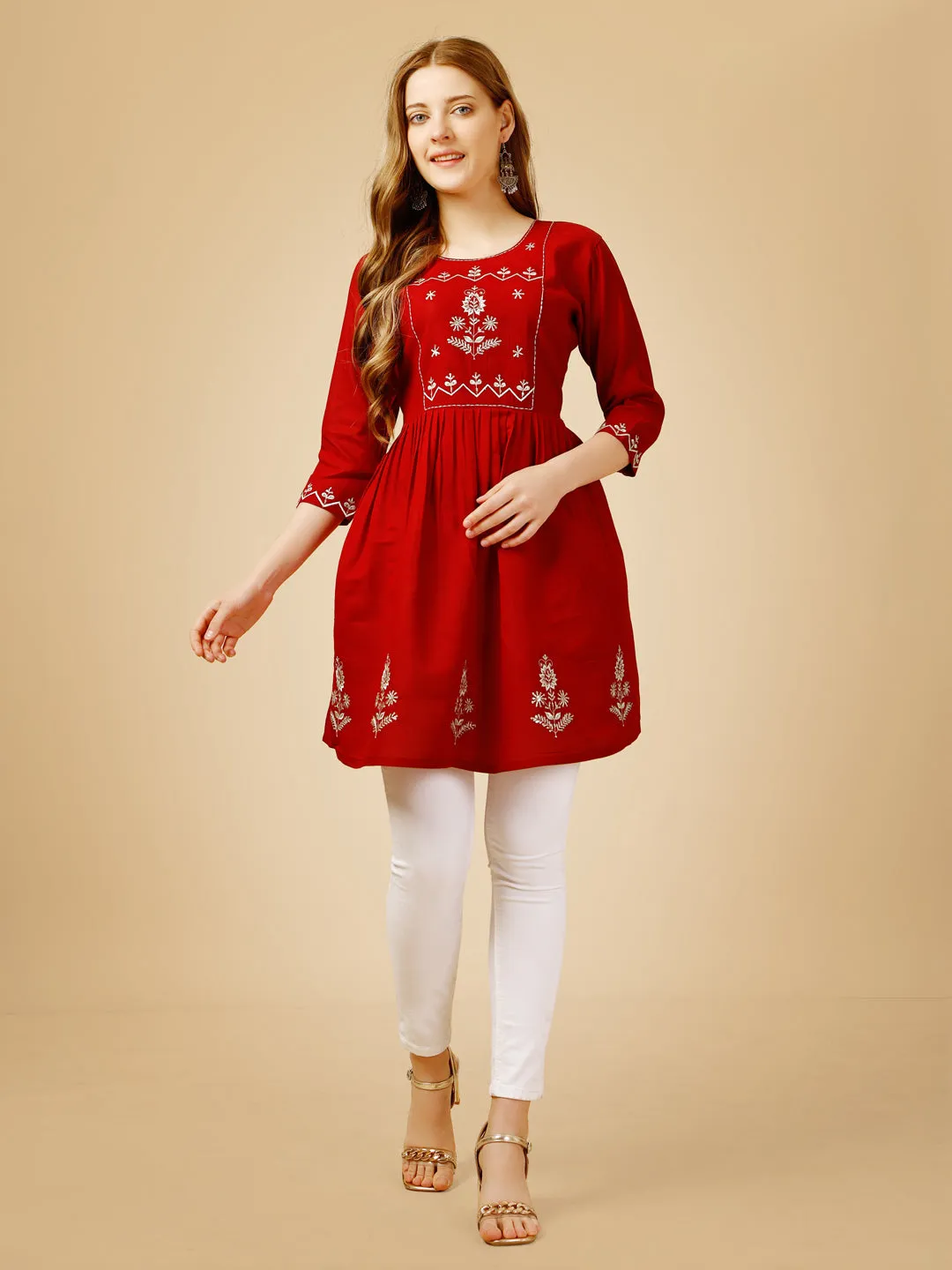Red Heavy Rayon with Embroidery & Sequence Work Western Top Kurti