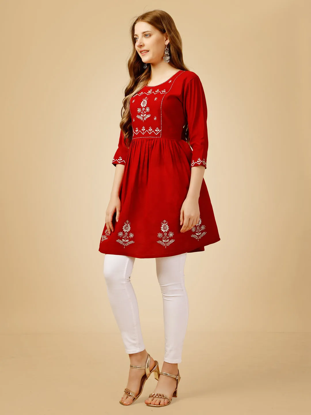Red Heavy Rayon with Embroidery & Sequence Work Western Top Kurti
