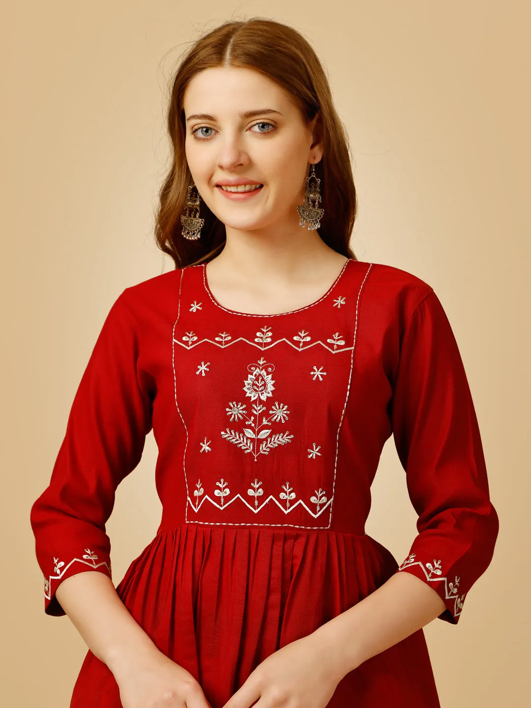Red Heavy Rayon with Embroidery & Sequence Work Western Top Kurti