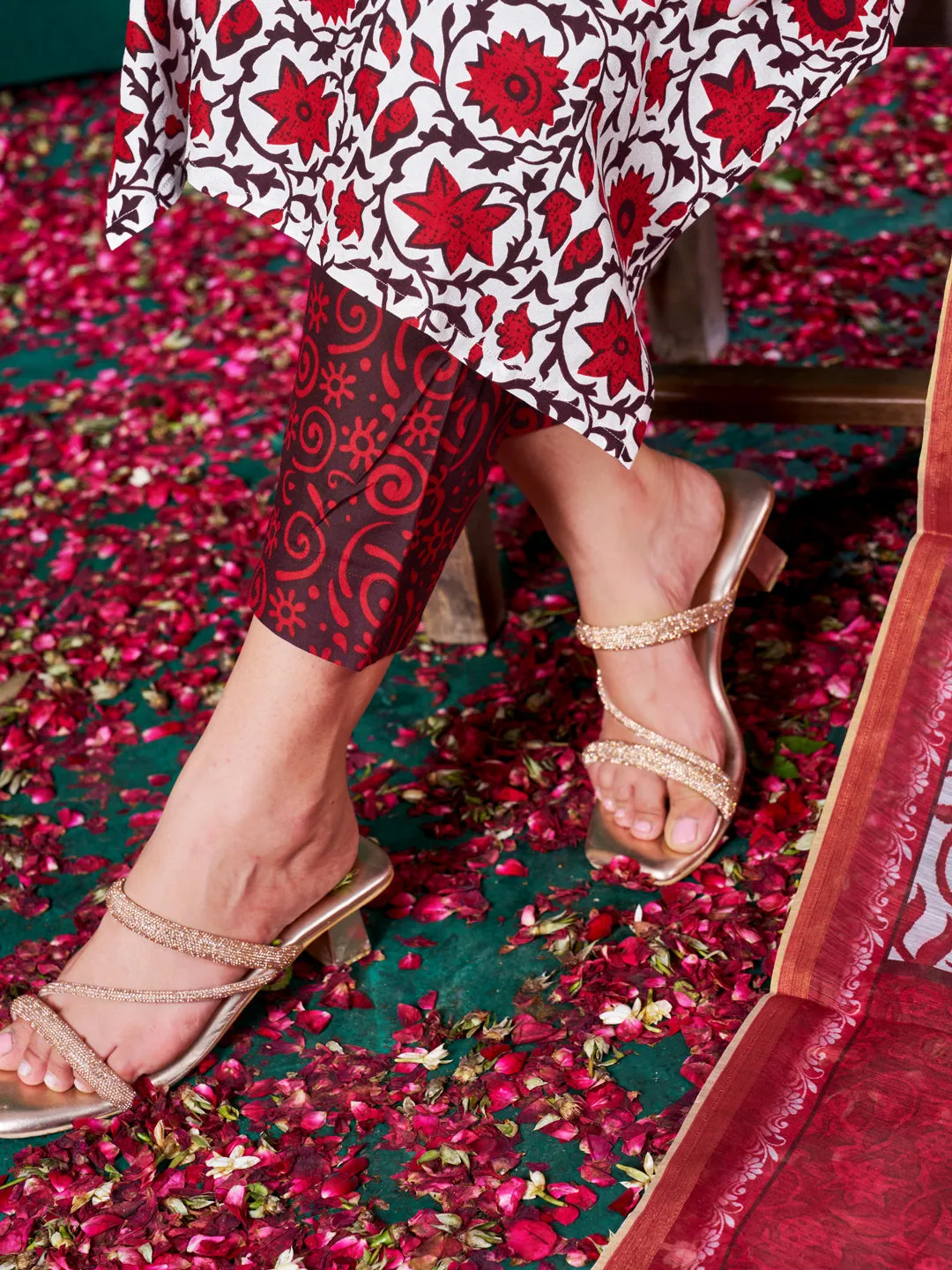Red Rayon Print with Embroidery & Fancy Lace Work Kurti Set