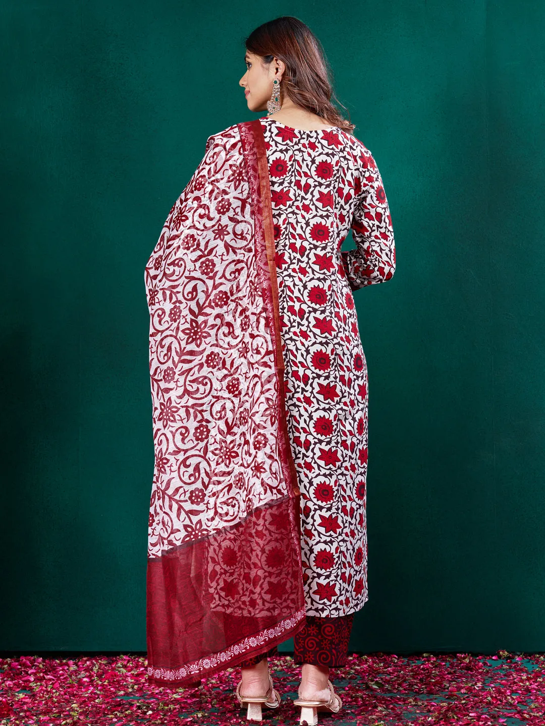 Red Rayon Print with Embroidery & Fancy Lace Work Kurti Set