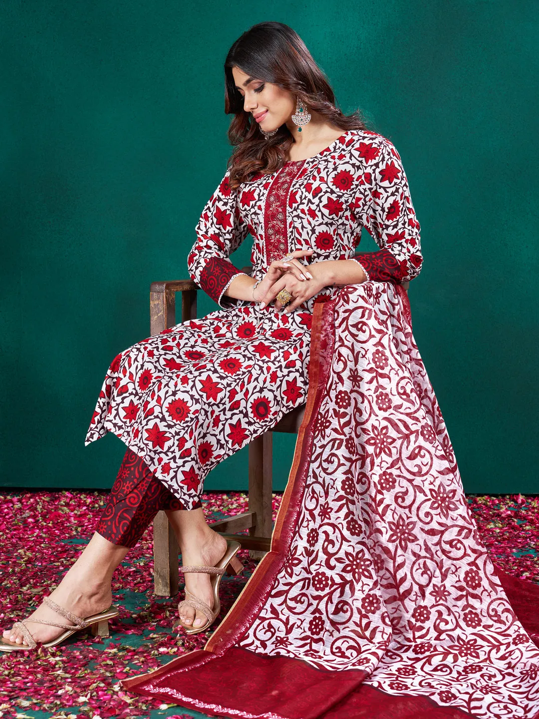 Red Rayon Print with Embroidery & Fancy Lace Work Kurti Set