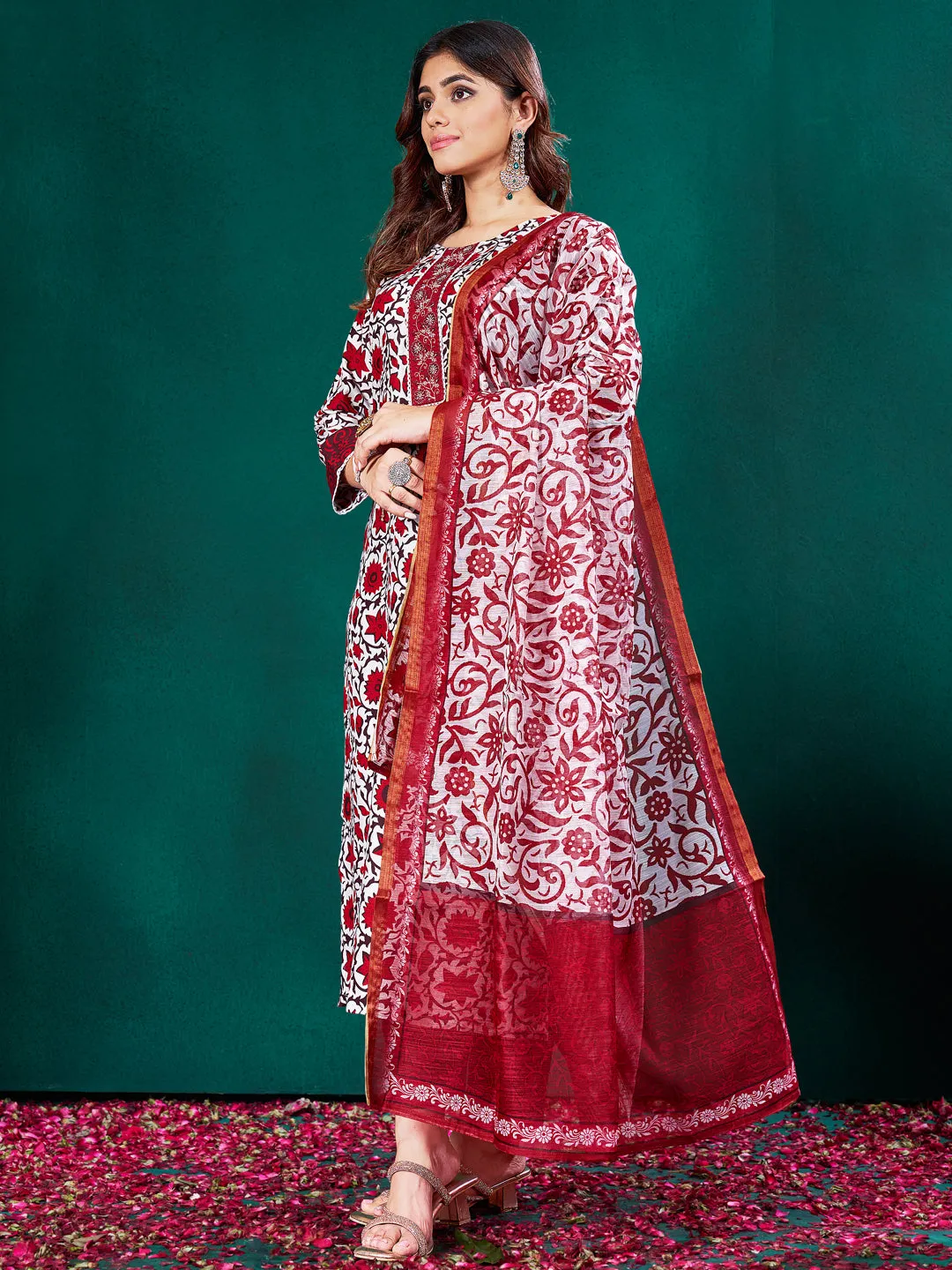 Red Rayon Print with Embroidery & Fancy Lace Work Kurti Set