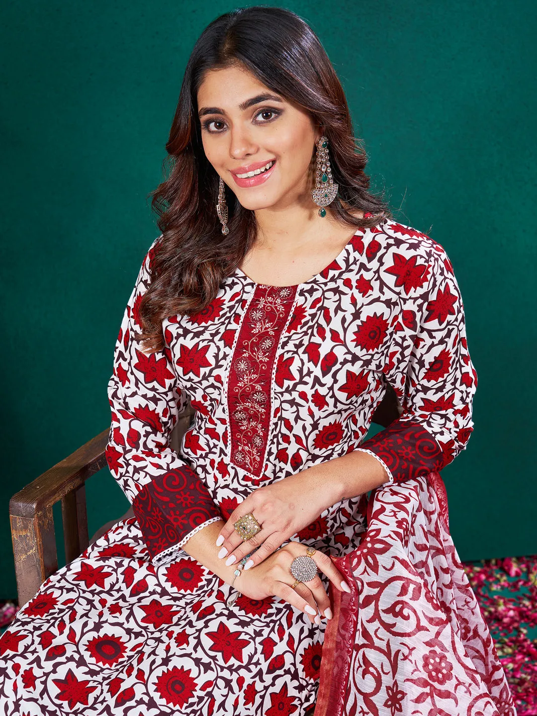 Red Rayon Print with Embroidery & Fancy Lace Work Kurti Set