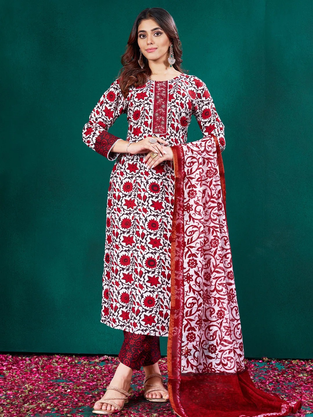 Red Rayon Print with Embroidery & Fancy Lace Work Kurti Set
