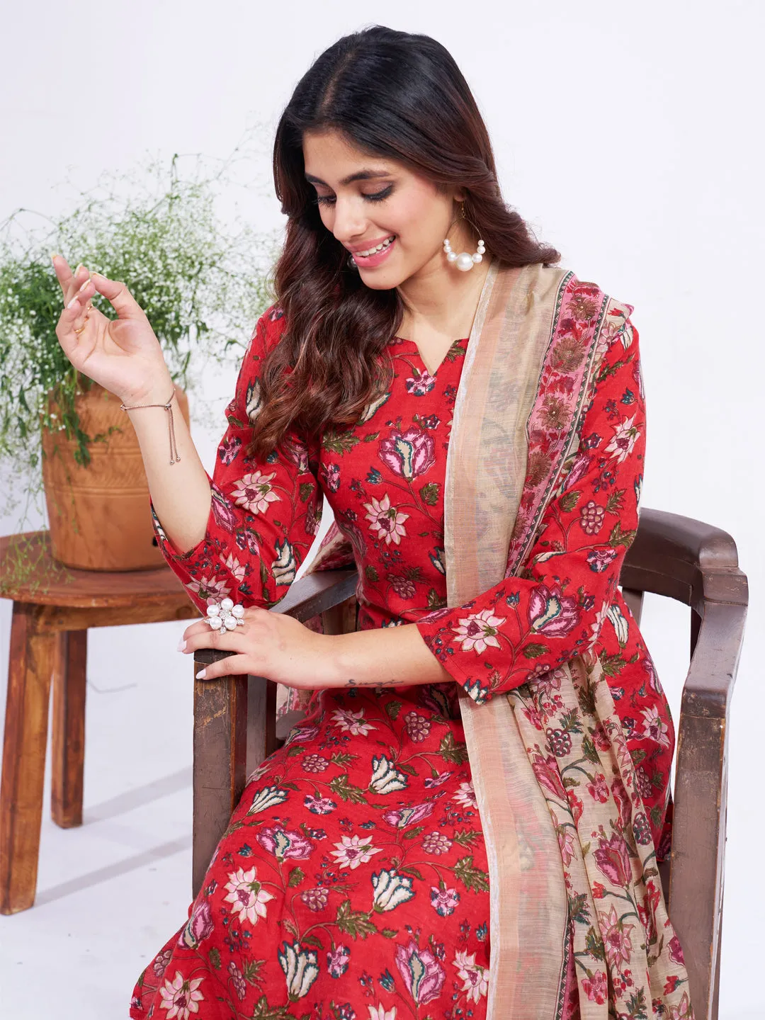 Red Soft Cotton Blend Print Party Wear Readymade Kurti Set