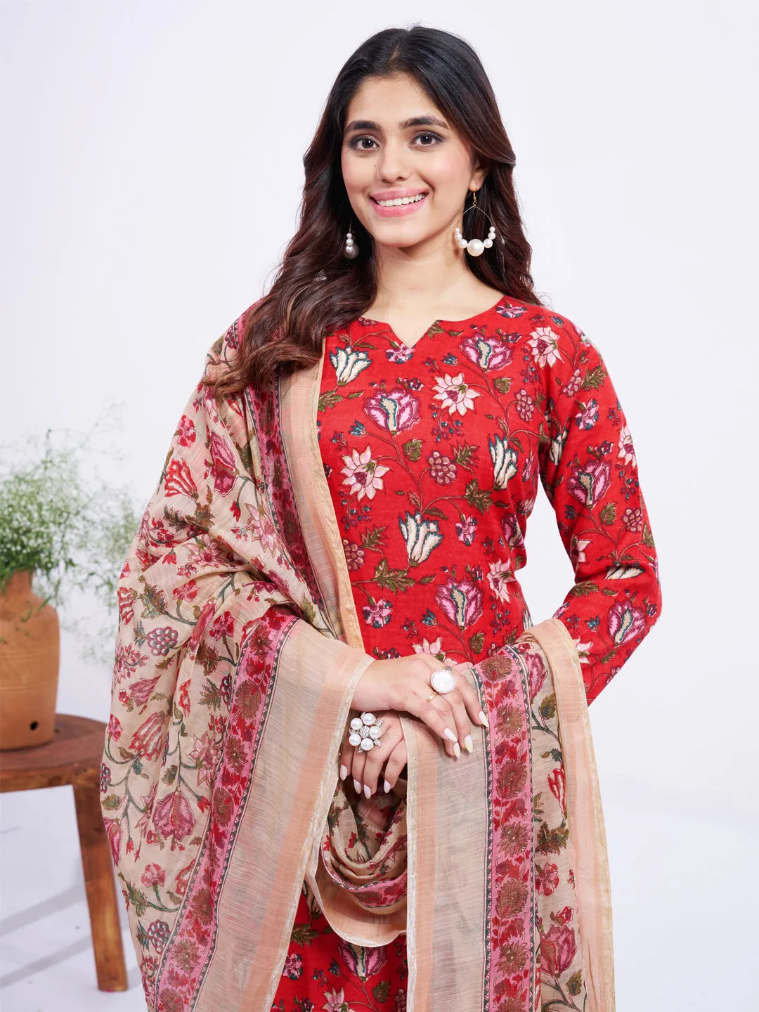 Red Soft Cotton Blend Print Party Wear Readymade Kurti Set