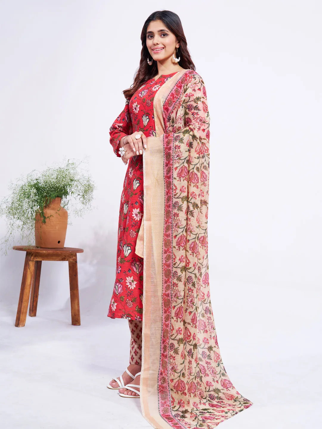 Red Soft Cotton Blend Print Party Wear Readymade Kurti Set