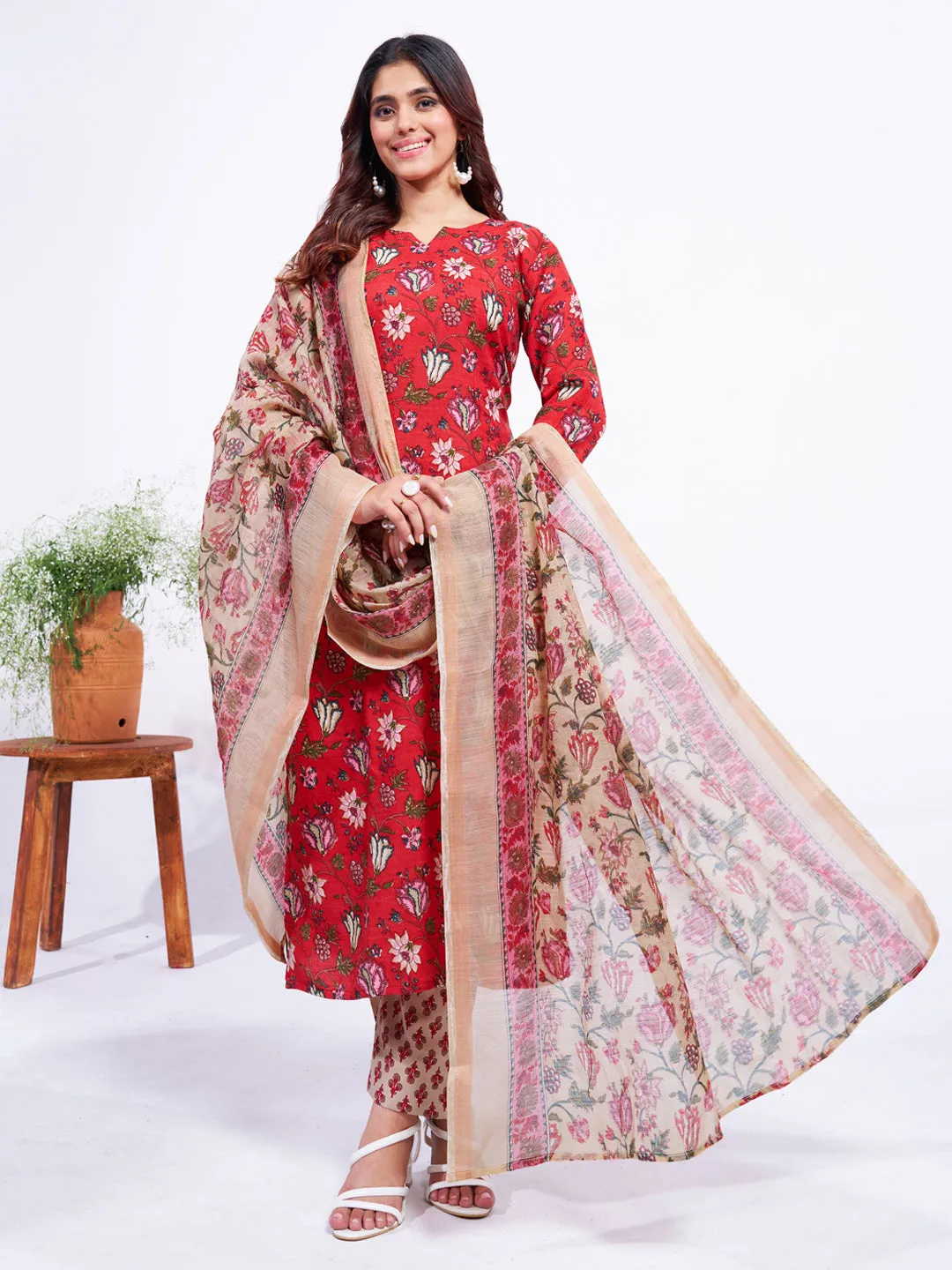 Red Soft Cotton Blend Print Party Wear Readymade Kurti Set