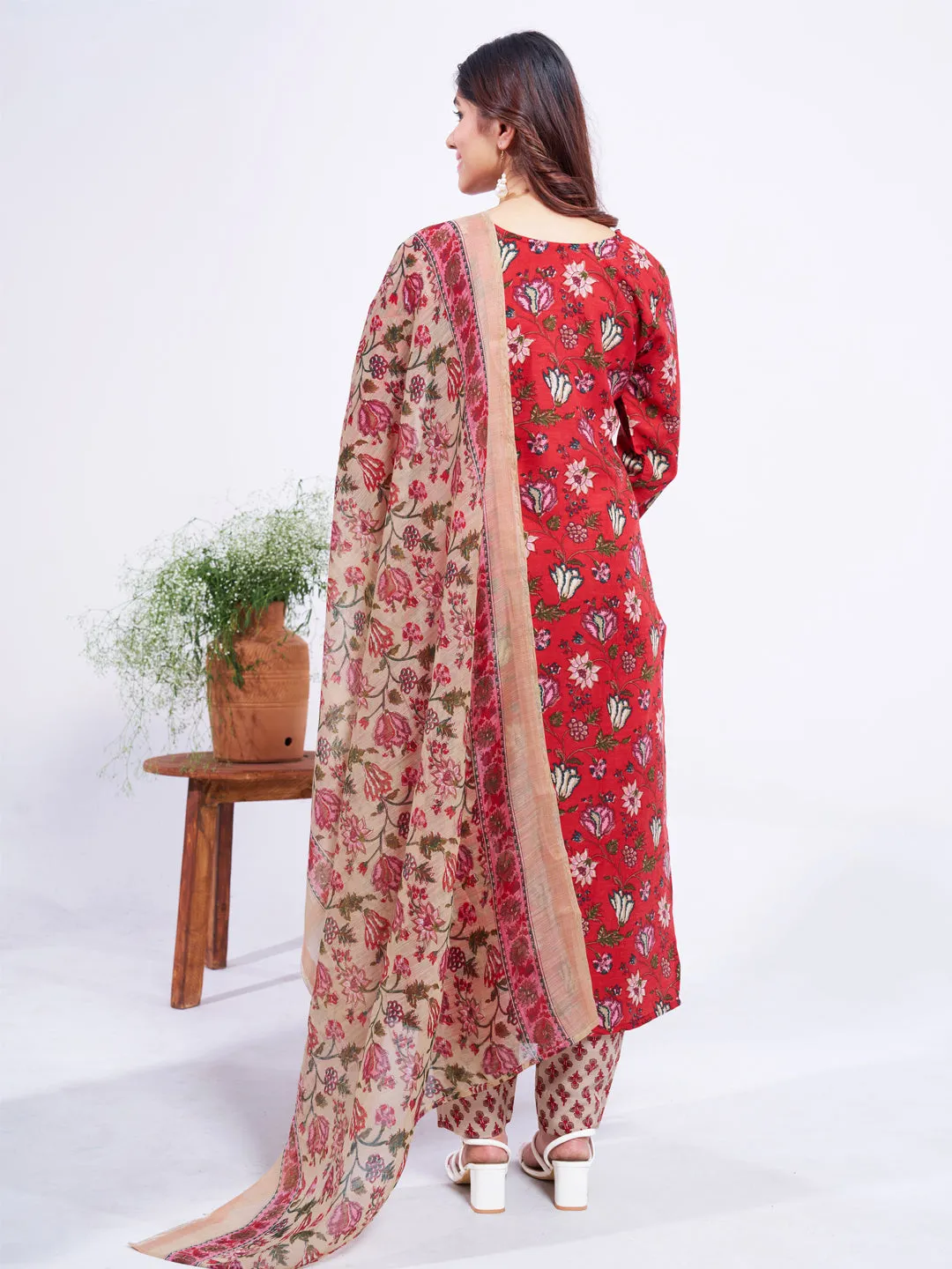 Red Soft Cotton Blend Print Party Wear Readymade Kurti Set