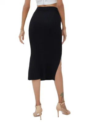 Ribbed Side Slit Midi Skirt