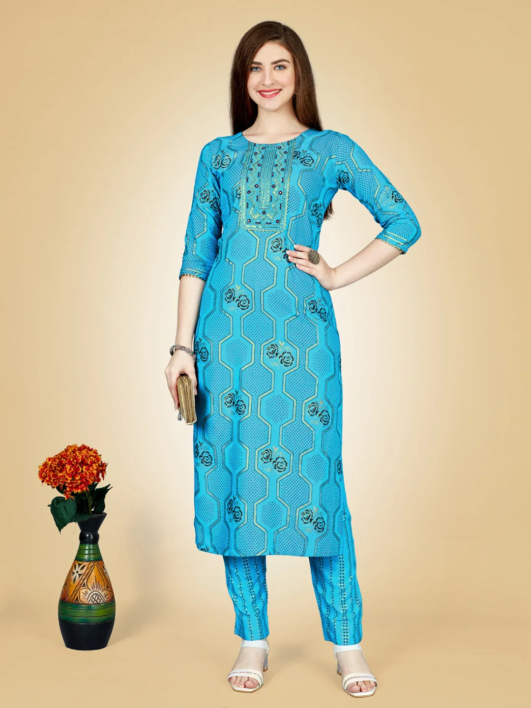 Sky Blue Heavy Rayon Cotton with Embroidery Work Kurti Set