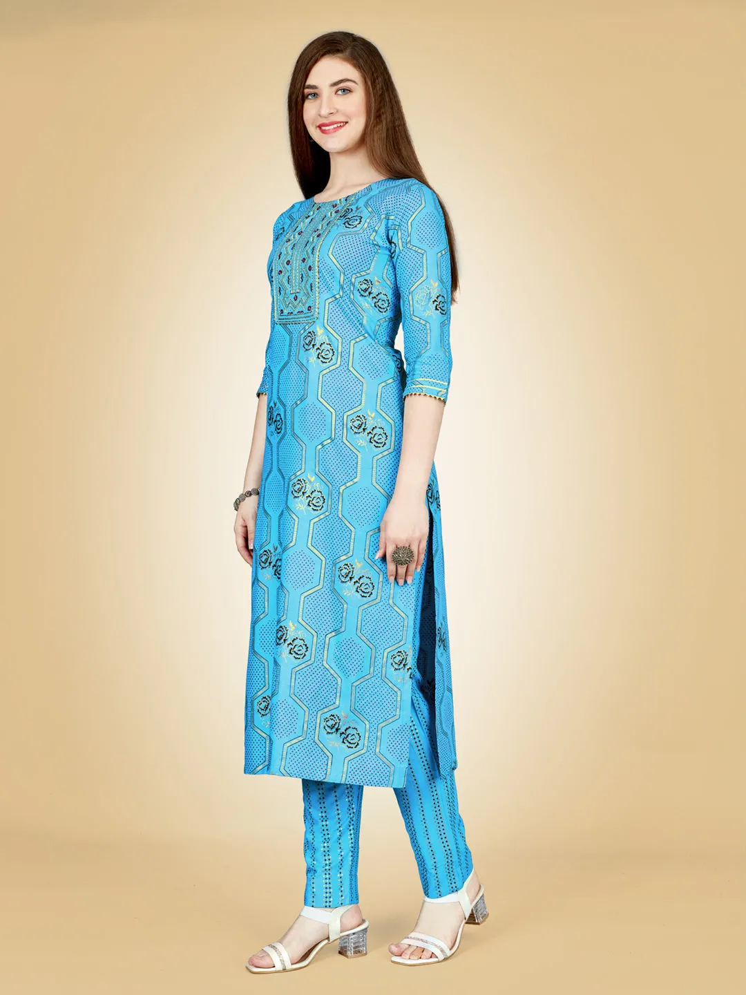Sky Blue Heavy Rayon Cotton with Embroidery Work Kurti Set