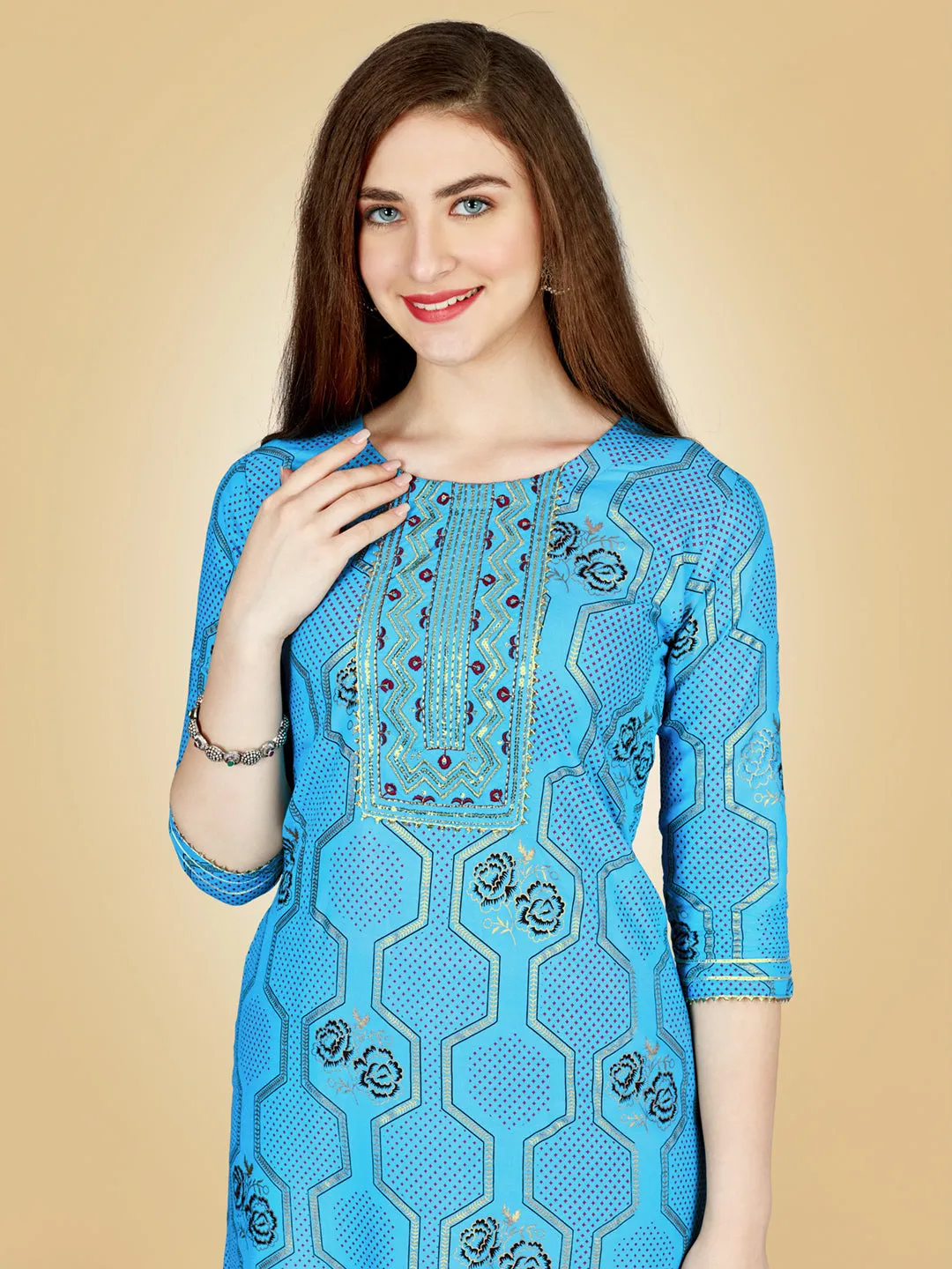Sky Blue Heavy Rayon Cotton with Embroidery Work Kurti Set