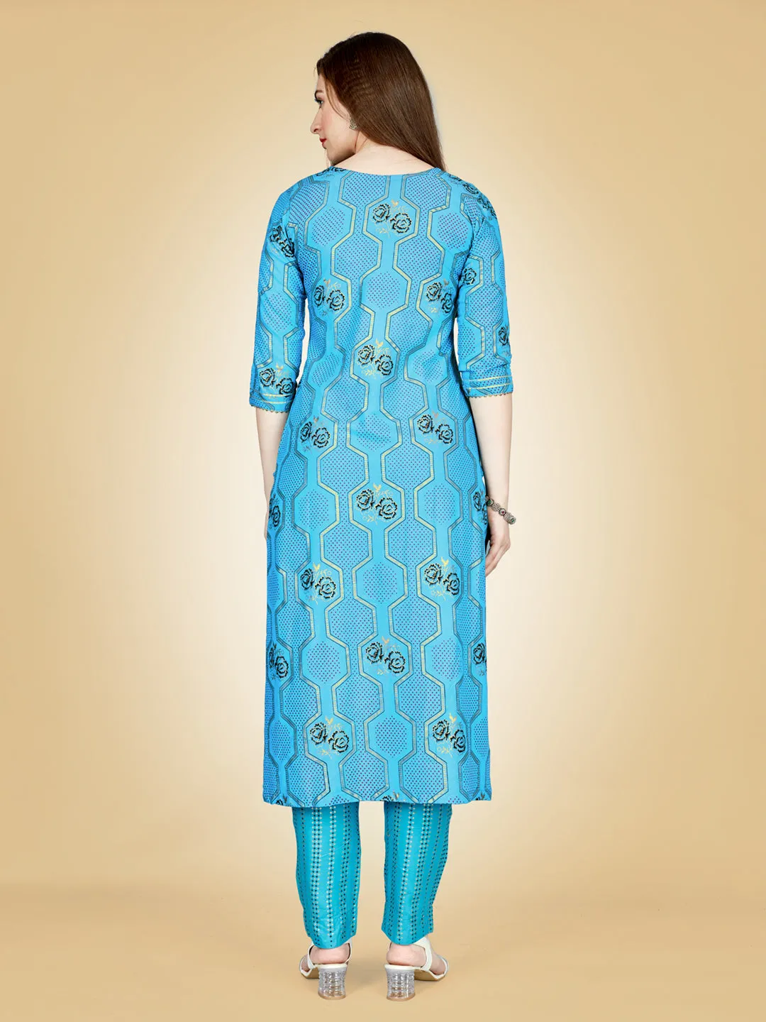 Sky Blue Heavy Rayon Cotton with Embroidery Work Kurti Set