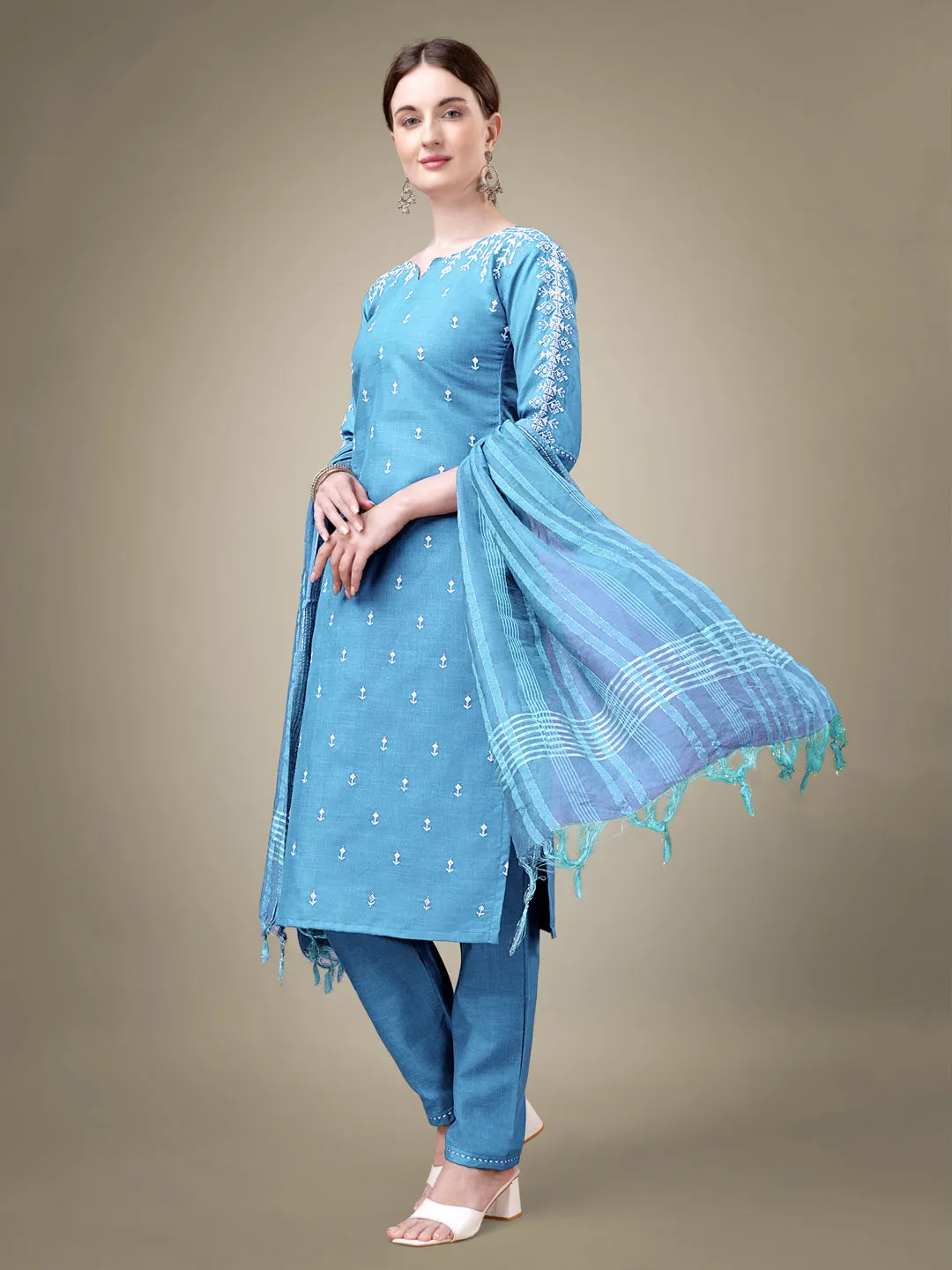 Sky Blue Rayon Print with Embroidery & Sequence Work Kurti Set